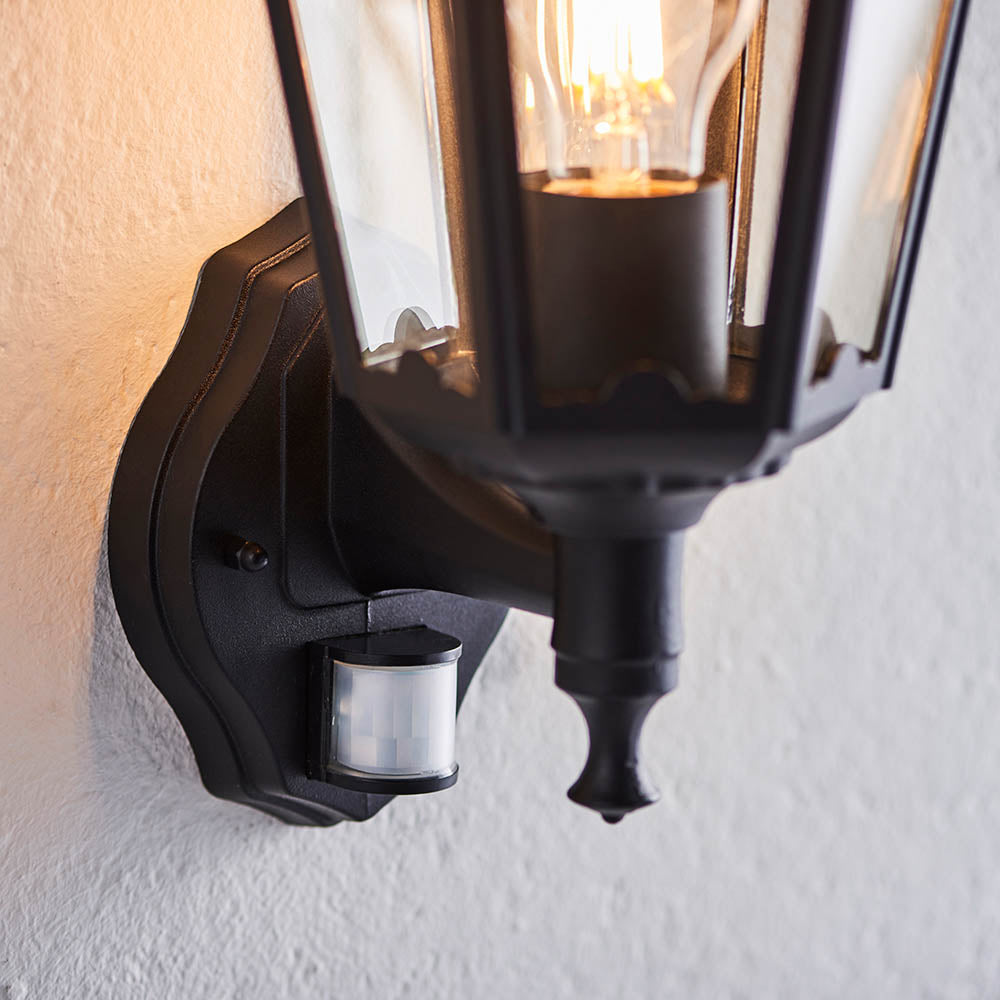Endon Burford Single Light Wall Light with PIR  - Matt Black & Clear Glass