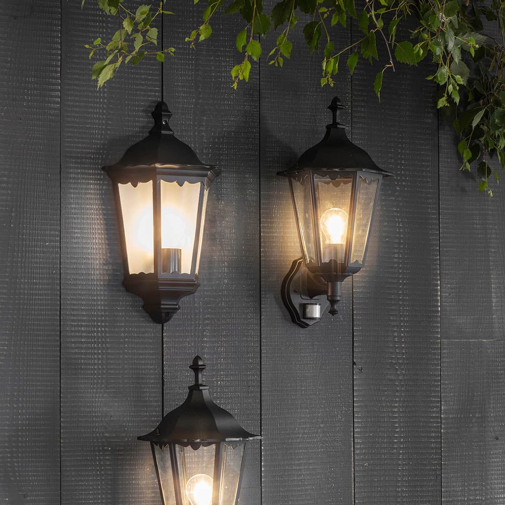 Endon Burford Single Light Wall Light with PIR  - Matt Black & Clear Glass