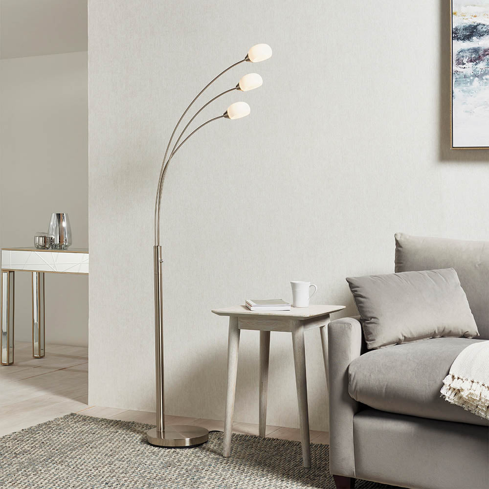 Endon Jaspa 3 Light Floor Lamp - Satin Nickel Plate & White Glass