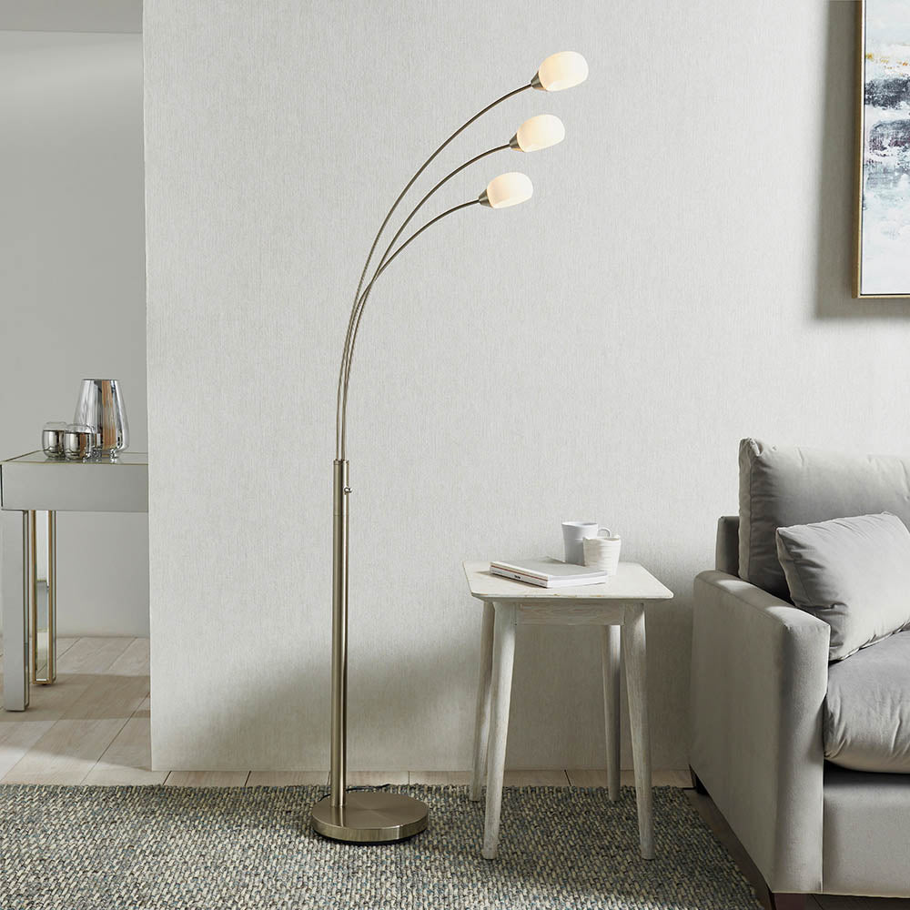 Endon Jaspa 3 Light Floor Lamp - Satin Nickel Plate & White Glass