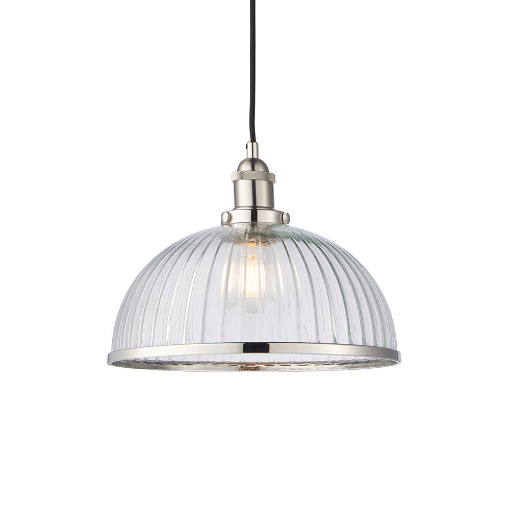 Endon Hansen Single Light Pendant - Bright Nickel Plate & Clear Ribbed Glass