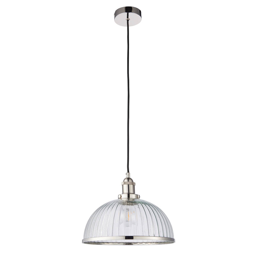 Endon Hansen Single Light Pendant - Bright Nickel Plate & Clear Ribbed Glass
