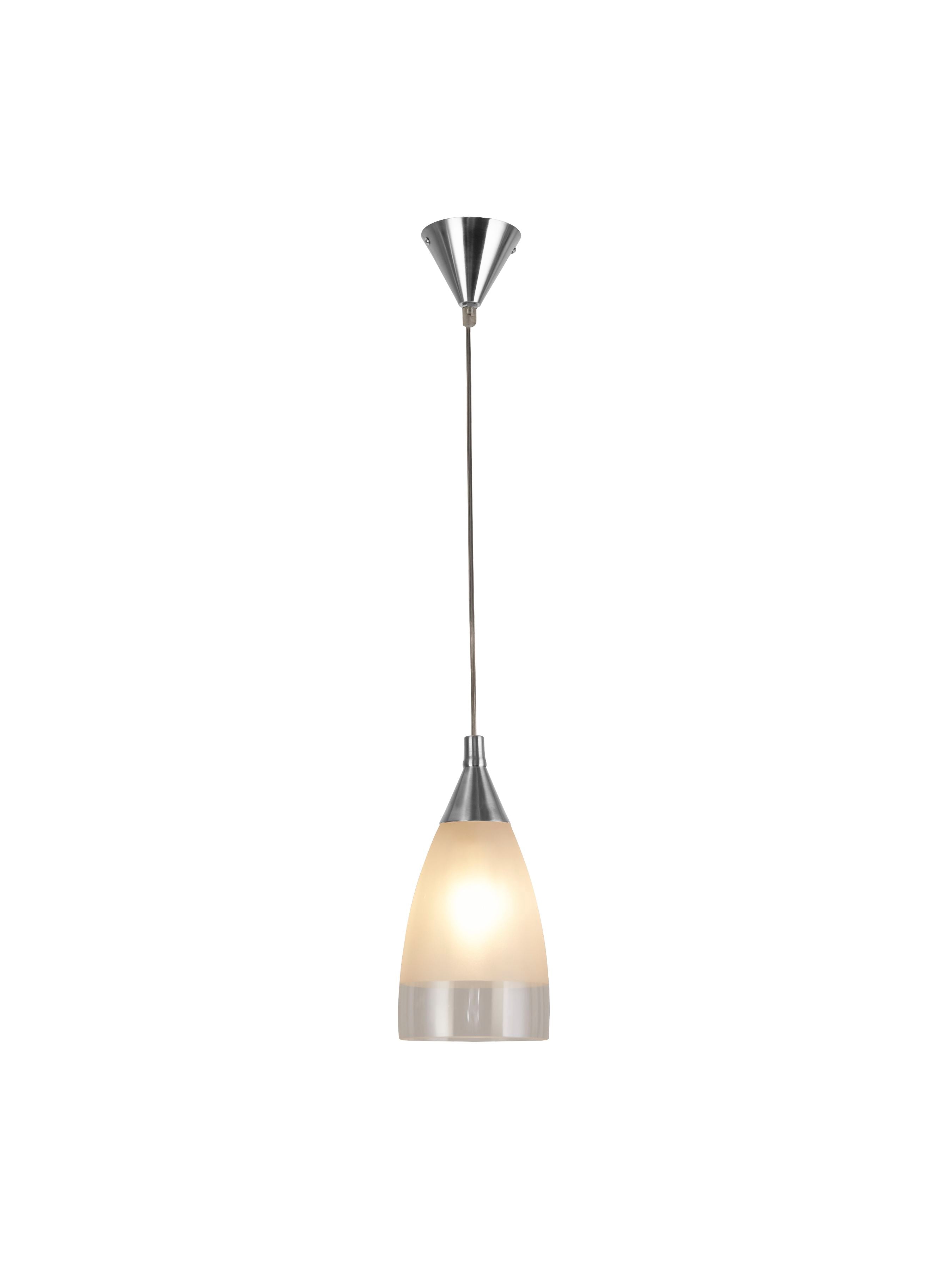 Searchlight Ankara pendant light in satin silver with a frosted acid glass shade, studio shot on a white background