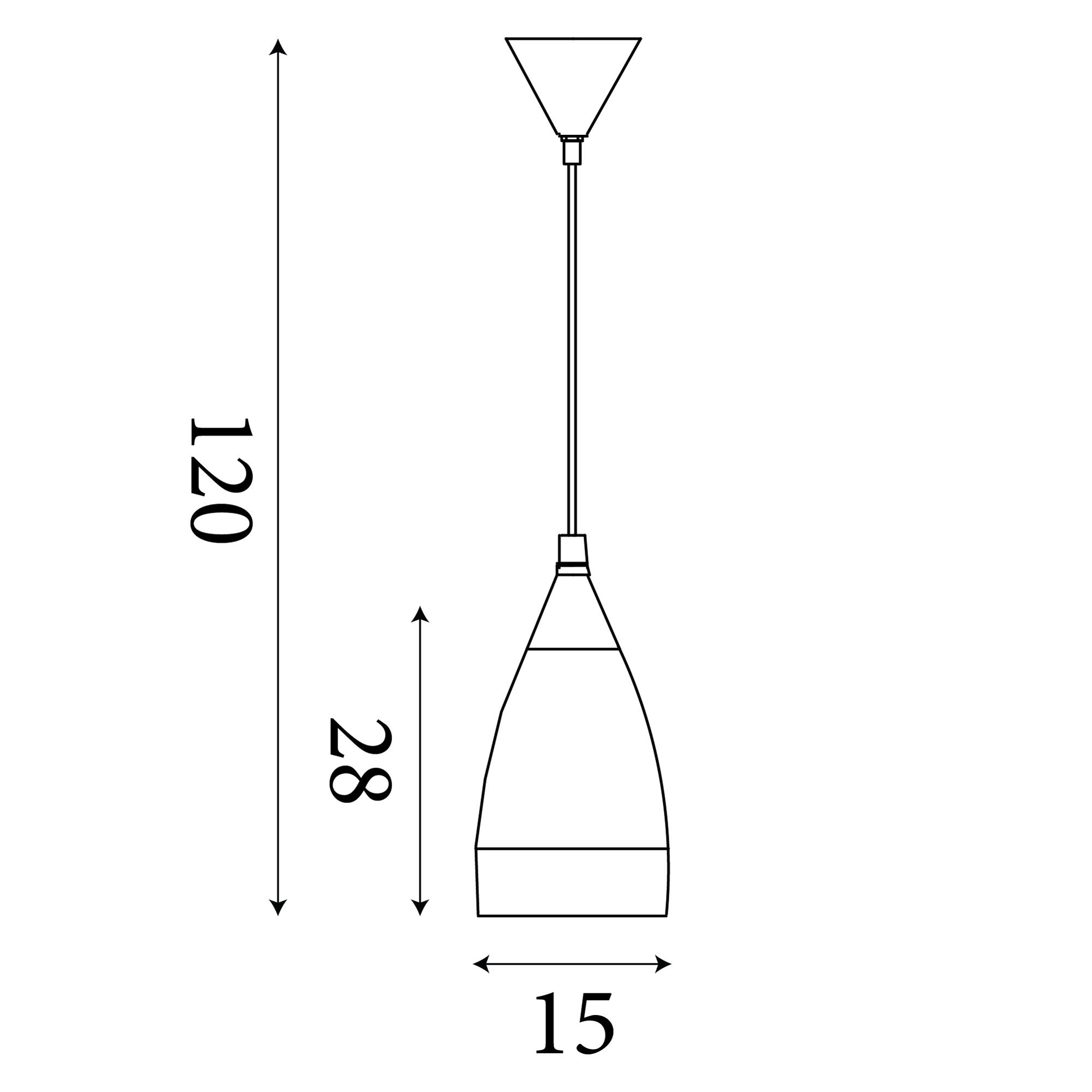 Technical line drawing of the Searchlight Ankara pendant showing a 15cm shade width, 28cm shade height and 120cm maximum drop
