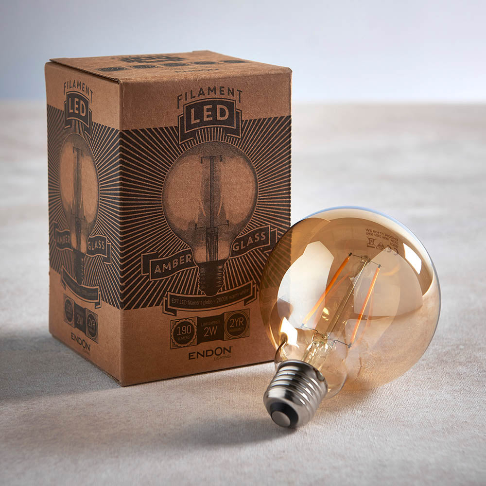 Endon E27 LED 2W 95mm Globe Bulb - 2000K - Non-Dimmable - Amber Glass