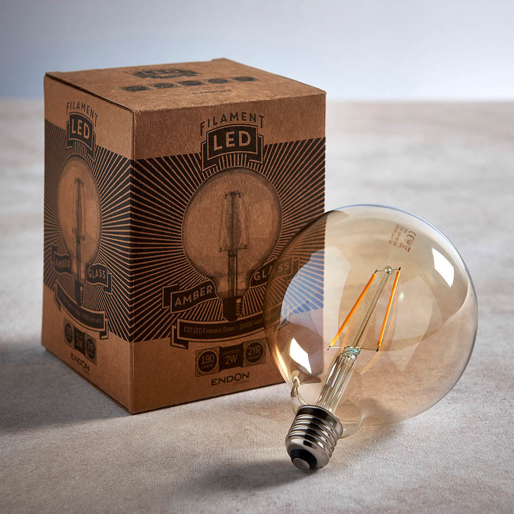 Endon E27 LED 2W 125mm Globe Bulb - 2000K - Non-Dimmable - Amber Glass