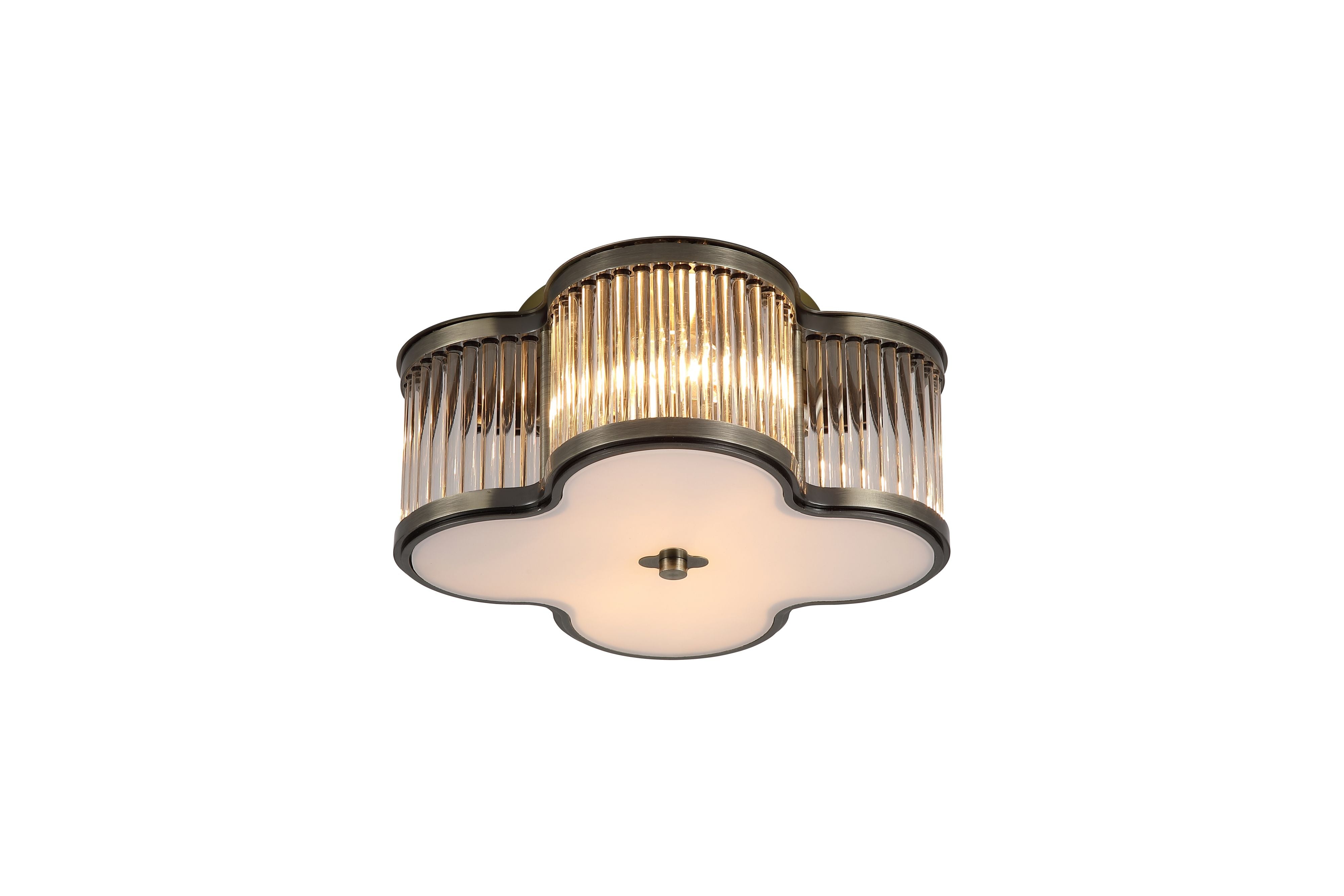 Searchlight Lotus 2 light flush ceiling light in antique brass, angled studio view showing the ribbed glass rods and white glass diffuser