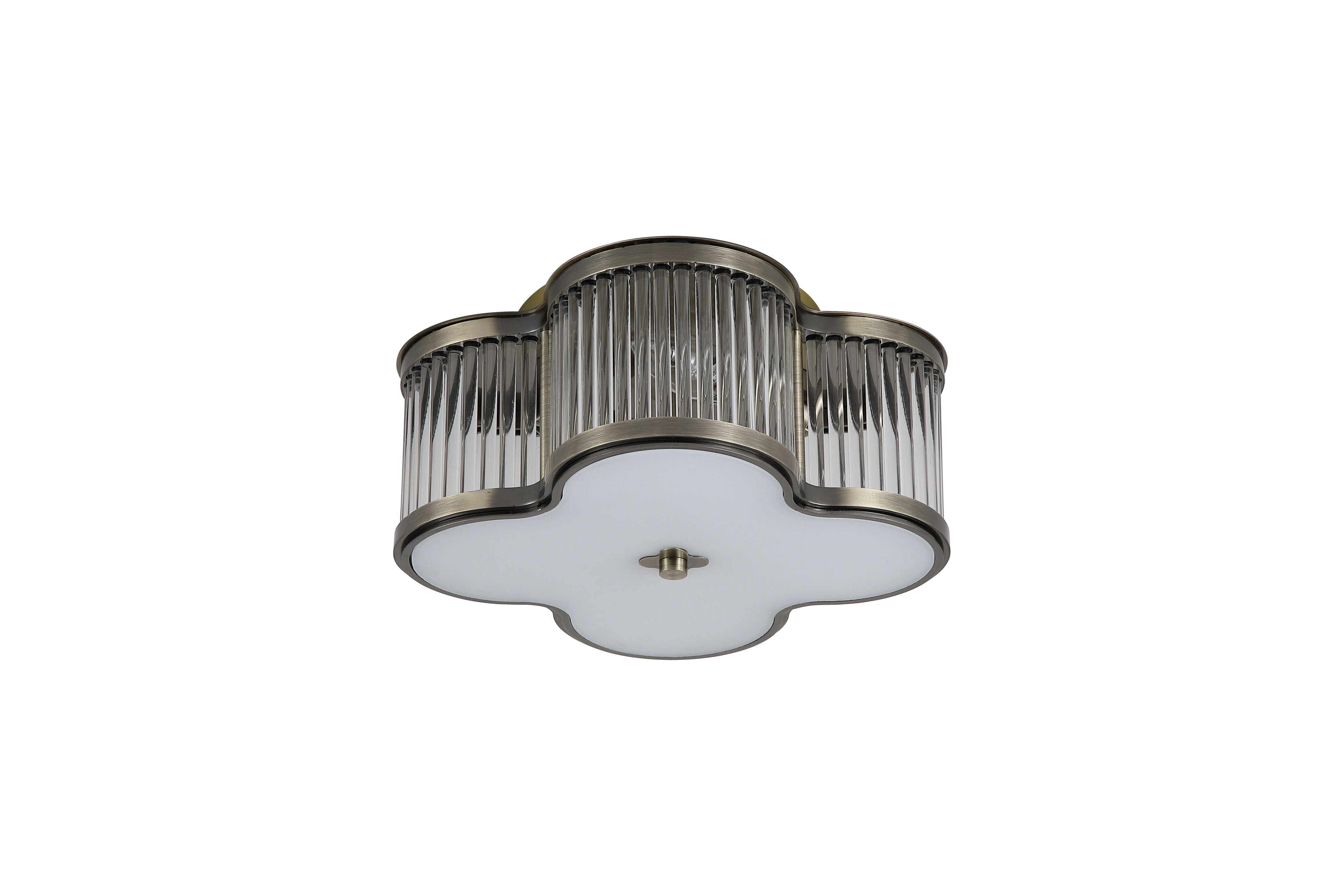 Searchlight Lotus 2 light flush ceiling light in antique brass, front on studio view showing the clover shaped silhouette and white glass diffuser