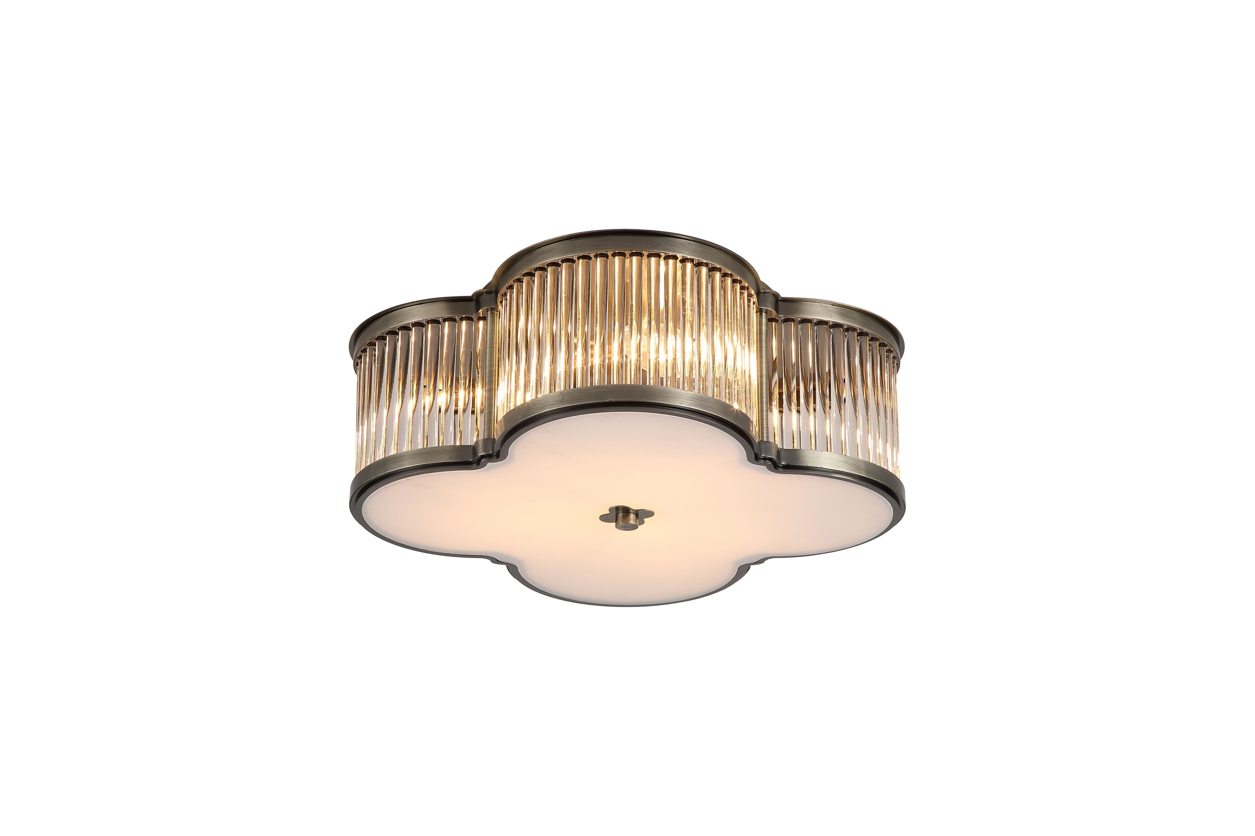 Searchlight Lotus 3 light flush ceiling light in antique brass, angled studio view showing the ribbed glass rods and white glass diffuser