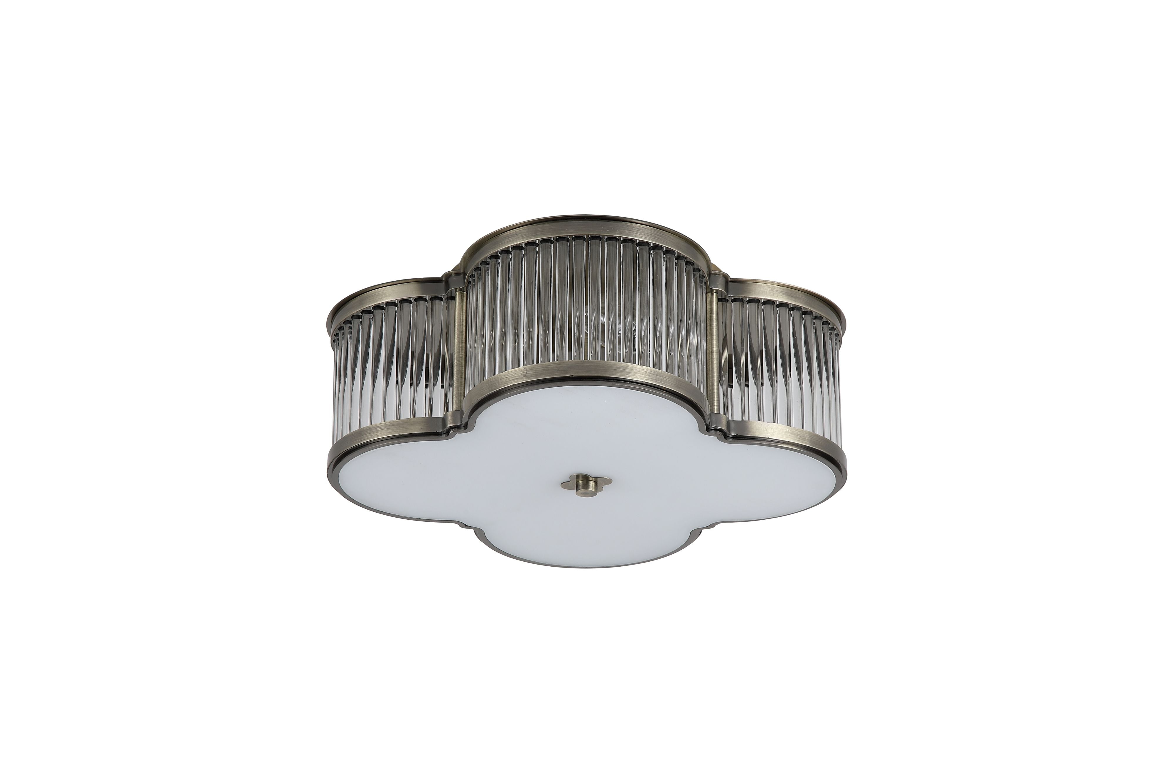 Searchlight Lotus 3 light flush ceiling light in antique brass, front on studio view showing the elongated clover shaped silhouette