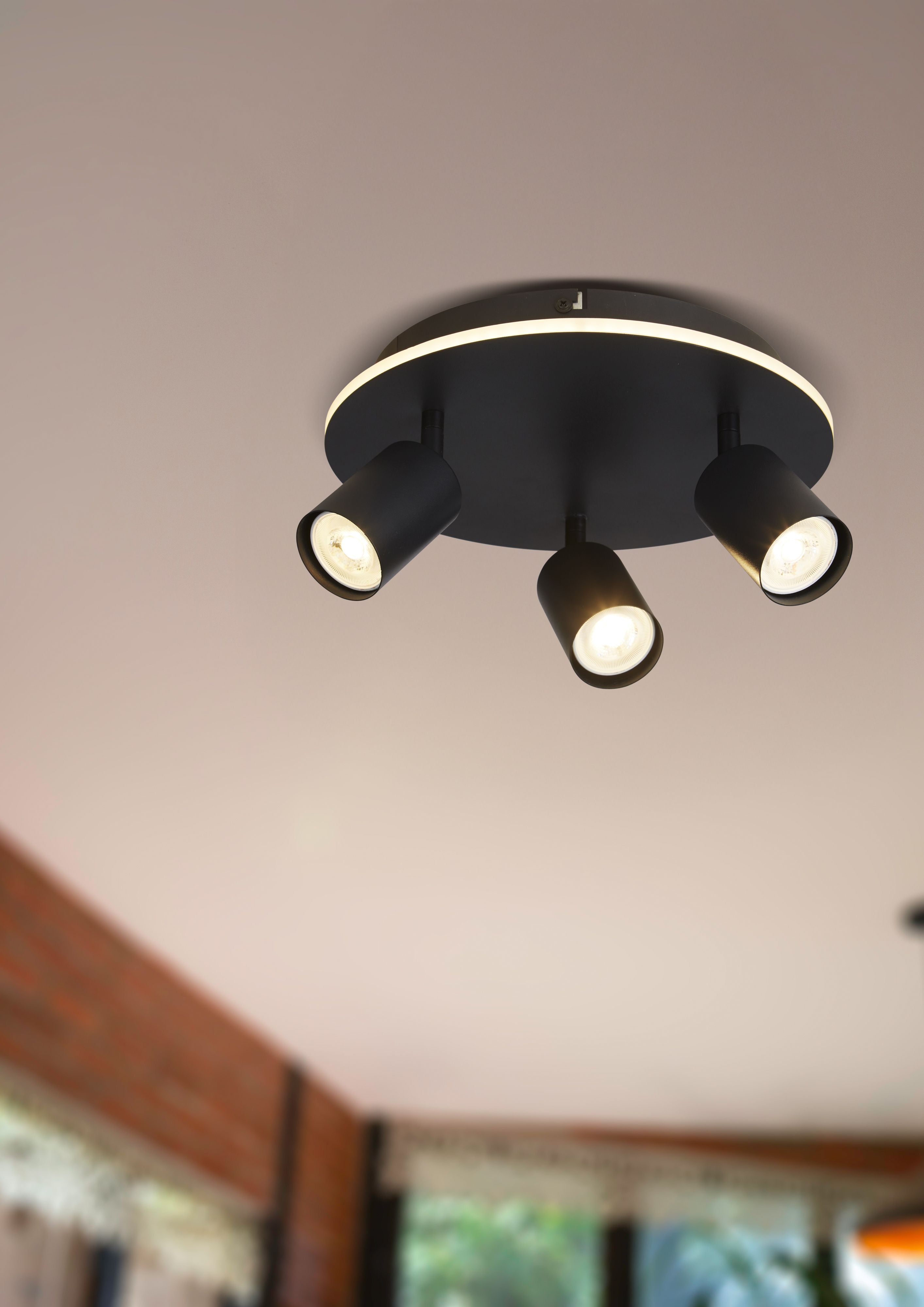 San Diego 3 light flush fitted to a ceiling with the LED halo lit