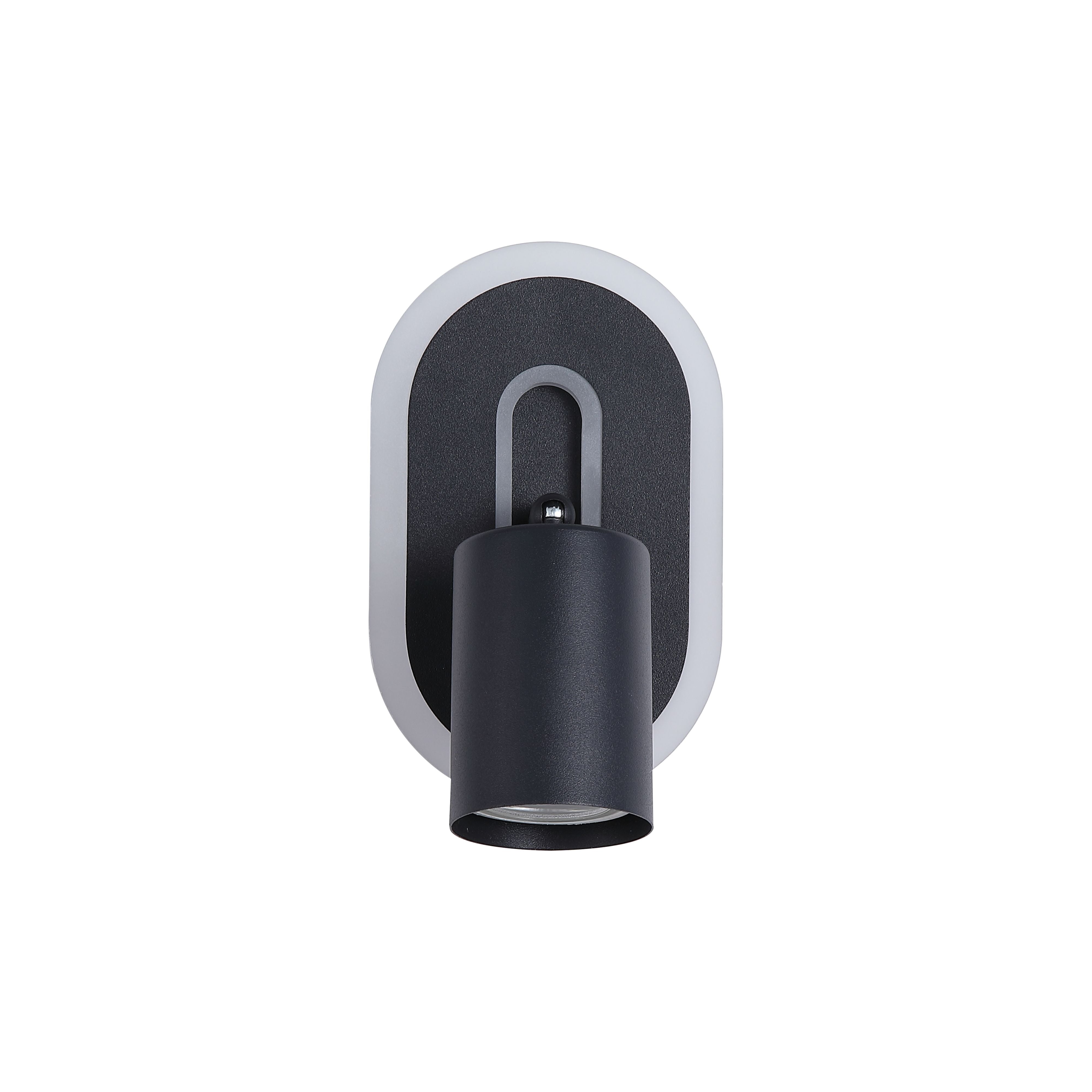 Studio shot of a San Diego wall light plate in a light grey or silver tone with black spotlight head, front view