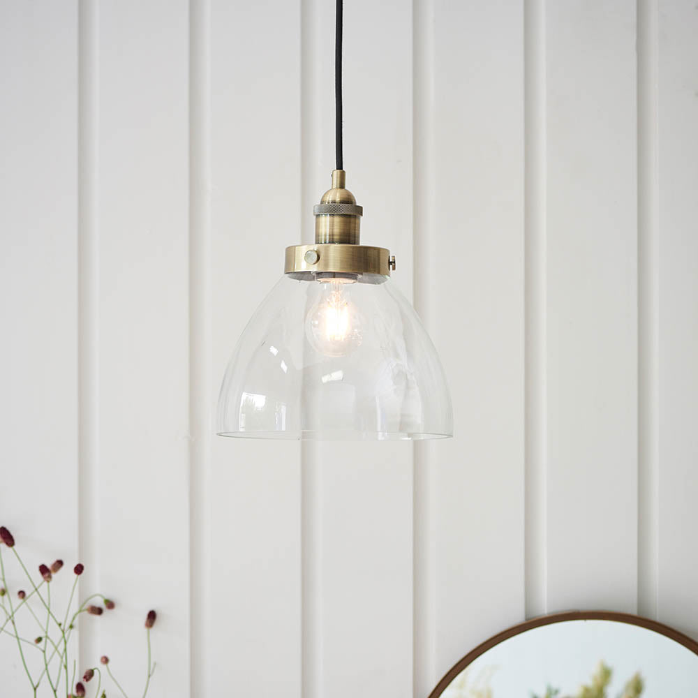 Endon Hansen Single Light Pendant - Antique Brass Plate & Clear Glass