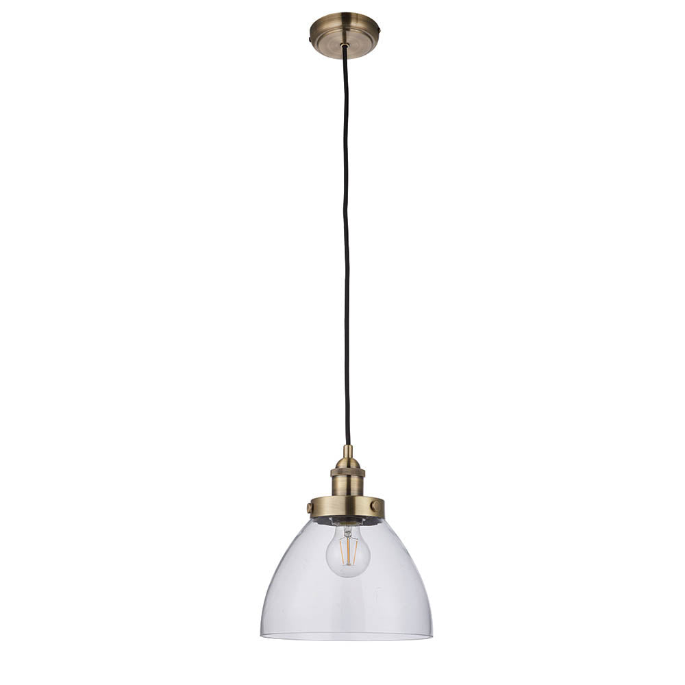 Endon Hansen Single Light Pendant - Antique Brass Plate & Clear Glass