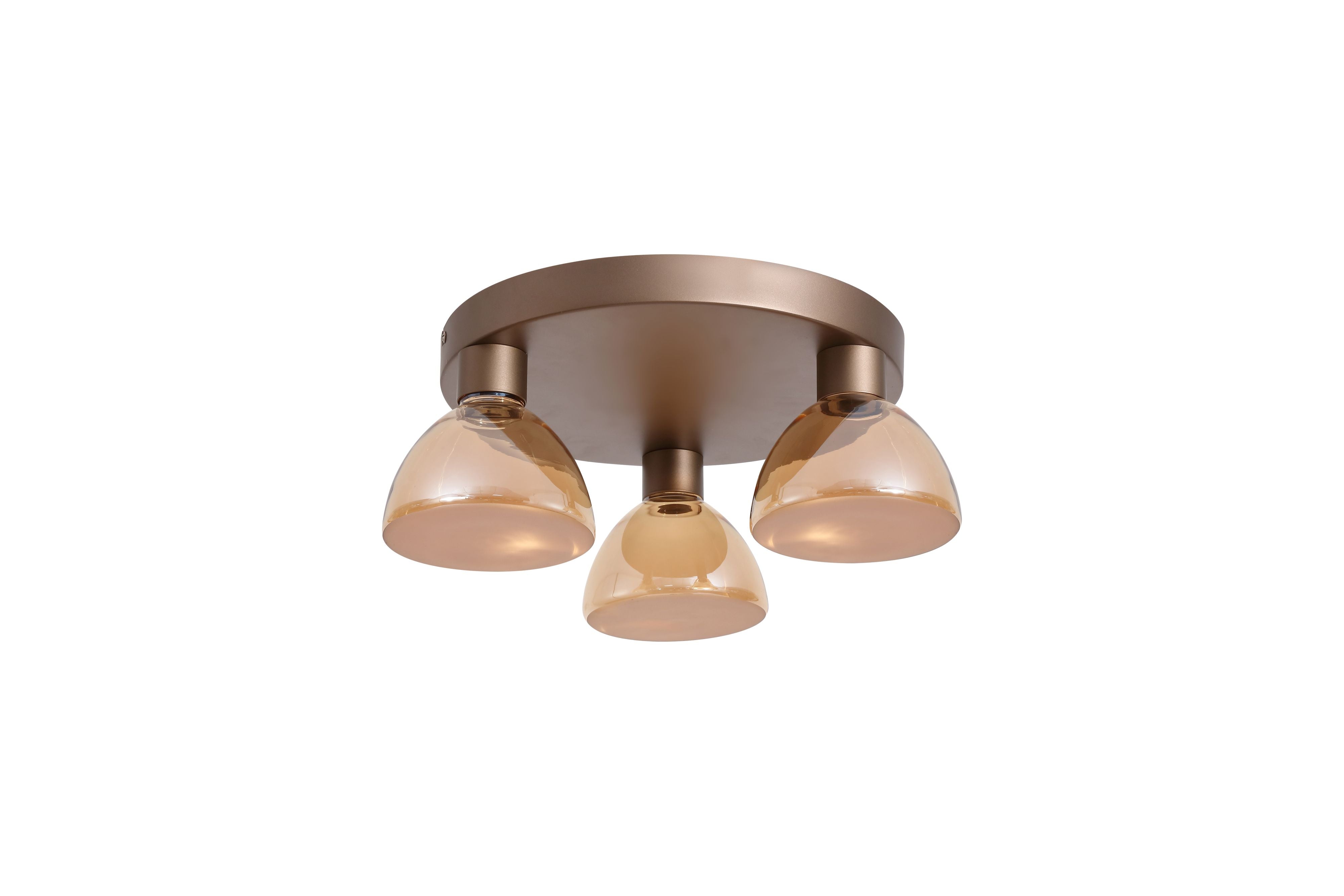 Searchlight Cannes LED 3 Light Flush, alternate studio angle showing the three amber glass dome shades lit, latte bronze backplate and lampholders