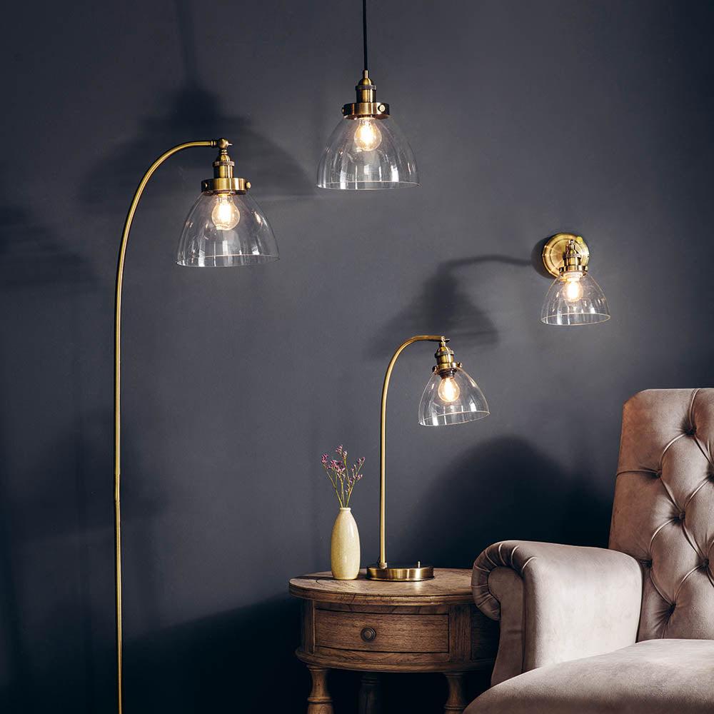 Endon Hansen Single Light Table Lamp - Antique Brass Plate & Clear Glass