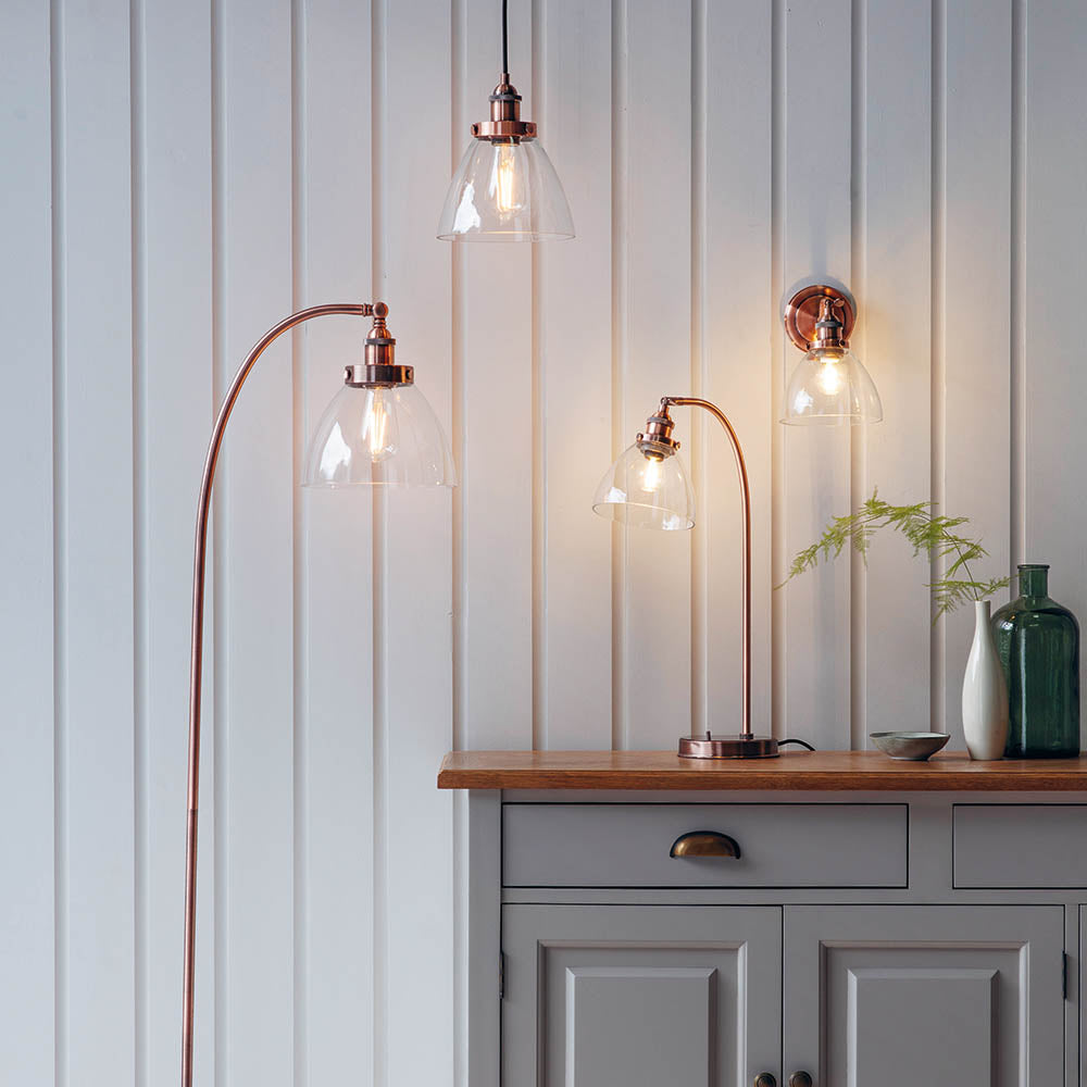 Endon Hansen Single Light Table Lamp  - Aged Copper Plate & Clear Glass