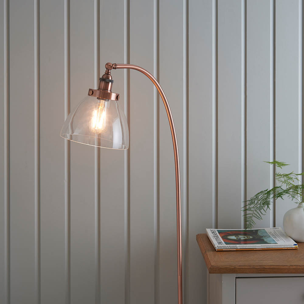 Endon Hansen Single Light Floor Lamp  - Aged Copper Plate & Clear Glass