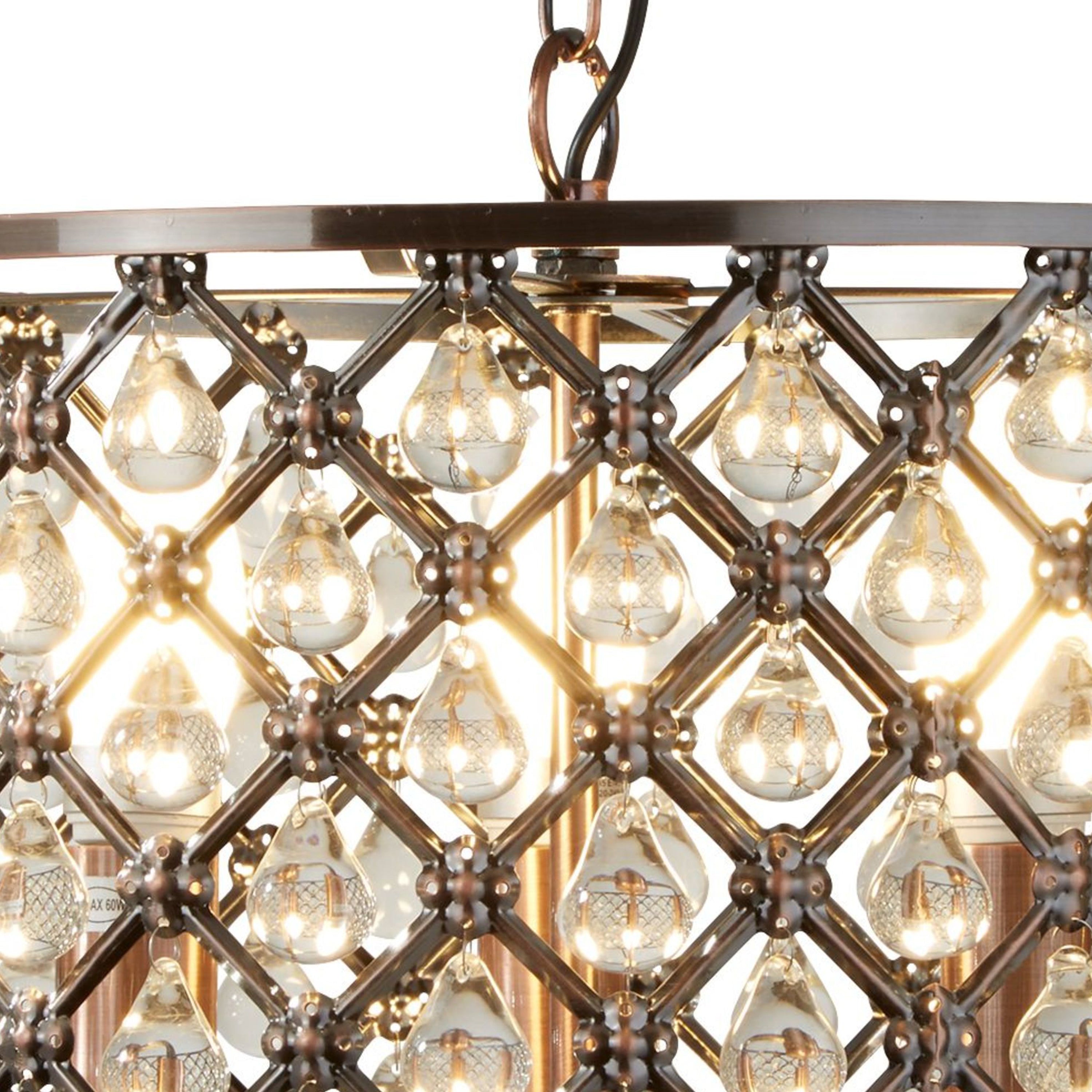 Searchlight Marie 3 Light Drum Pendant, Antique Copper, Glass Tear Drop Trim