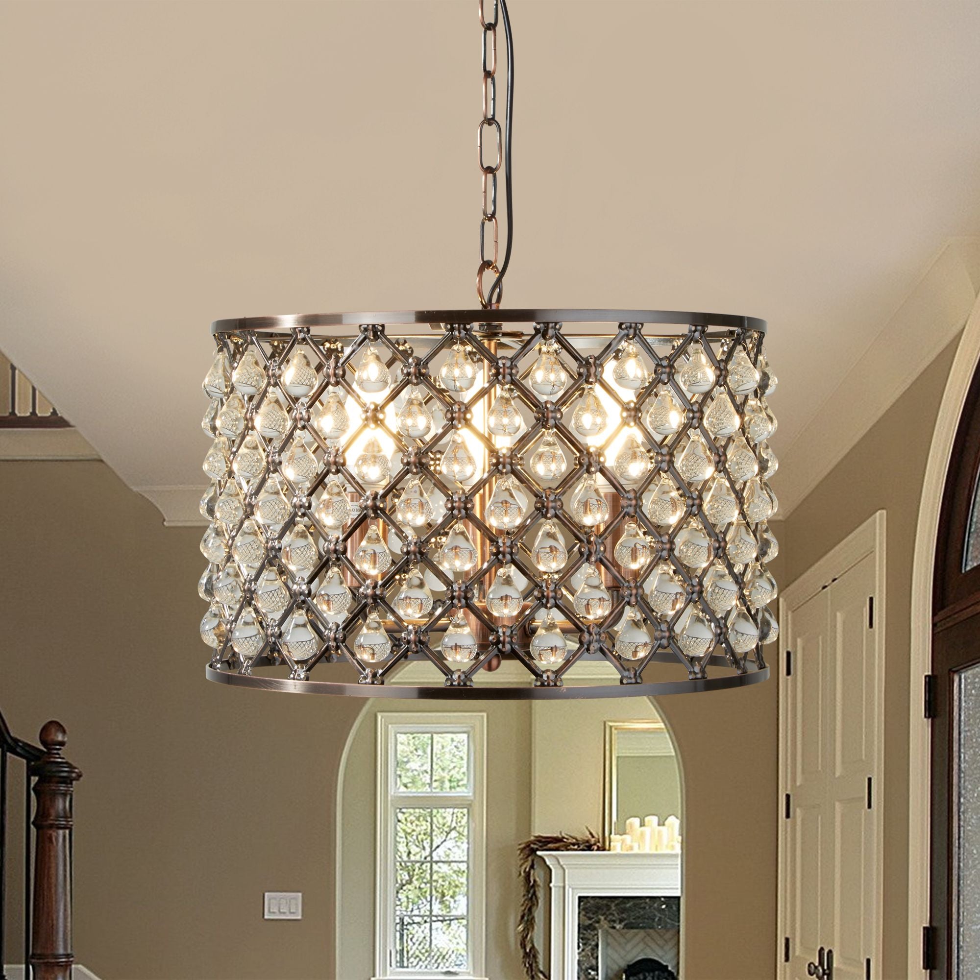 Searchlight Marie 3 Light Drum Pendant, Antique Copper, Glass Tear Drop Trim
