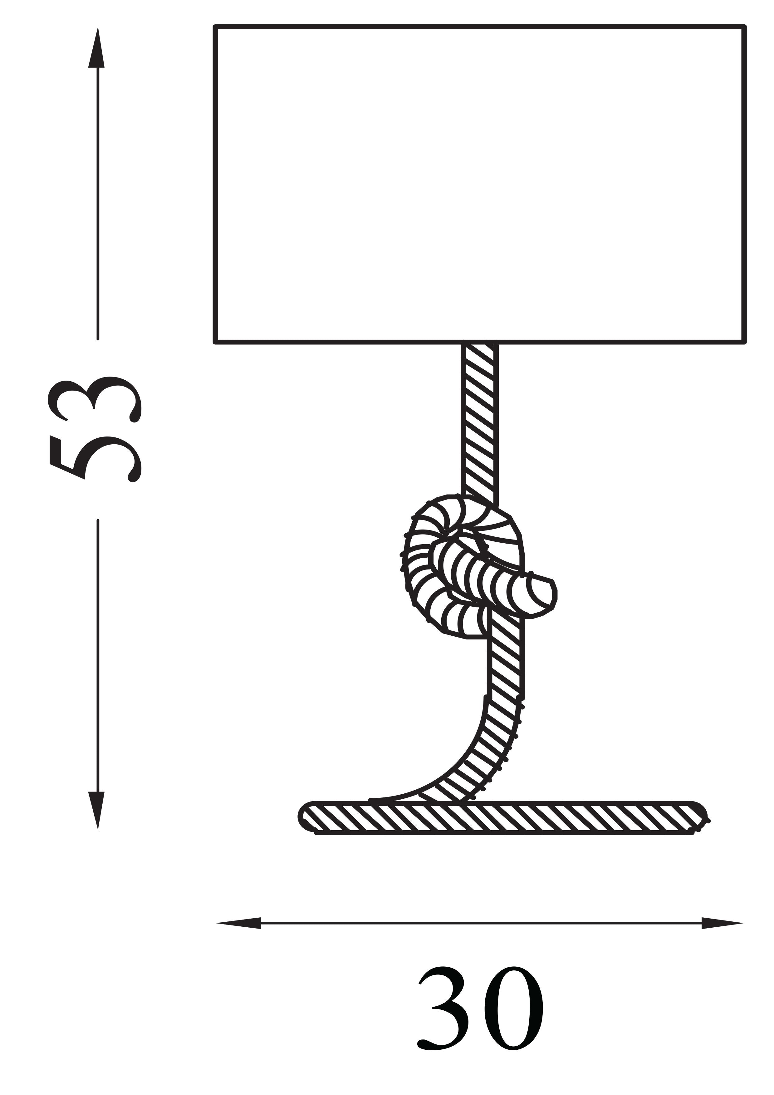 Technical line drawing of the Searchlight Rope table lamp showing height 53cm and base width 30cm