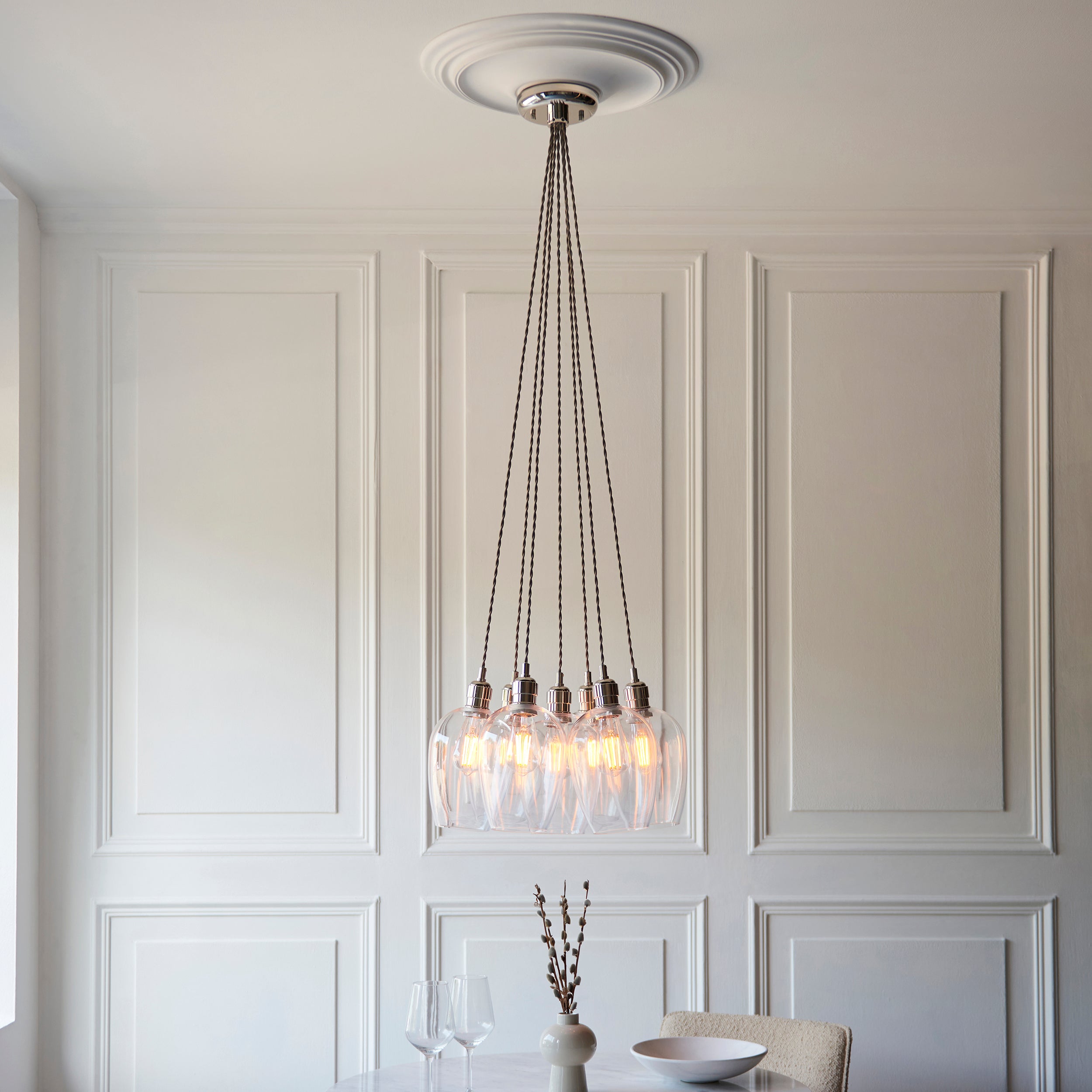 Utopia Finesse 7 Light Cluster Ceiling Pendant - Bright Nickel & Clear Glass