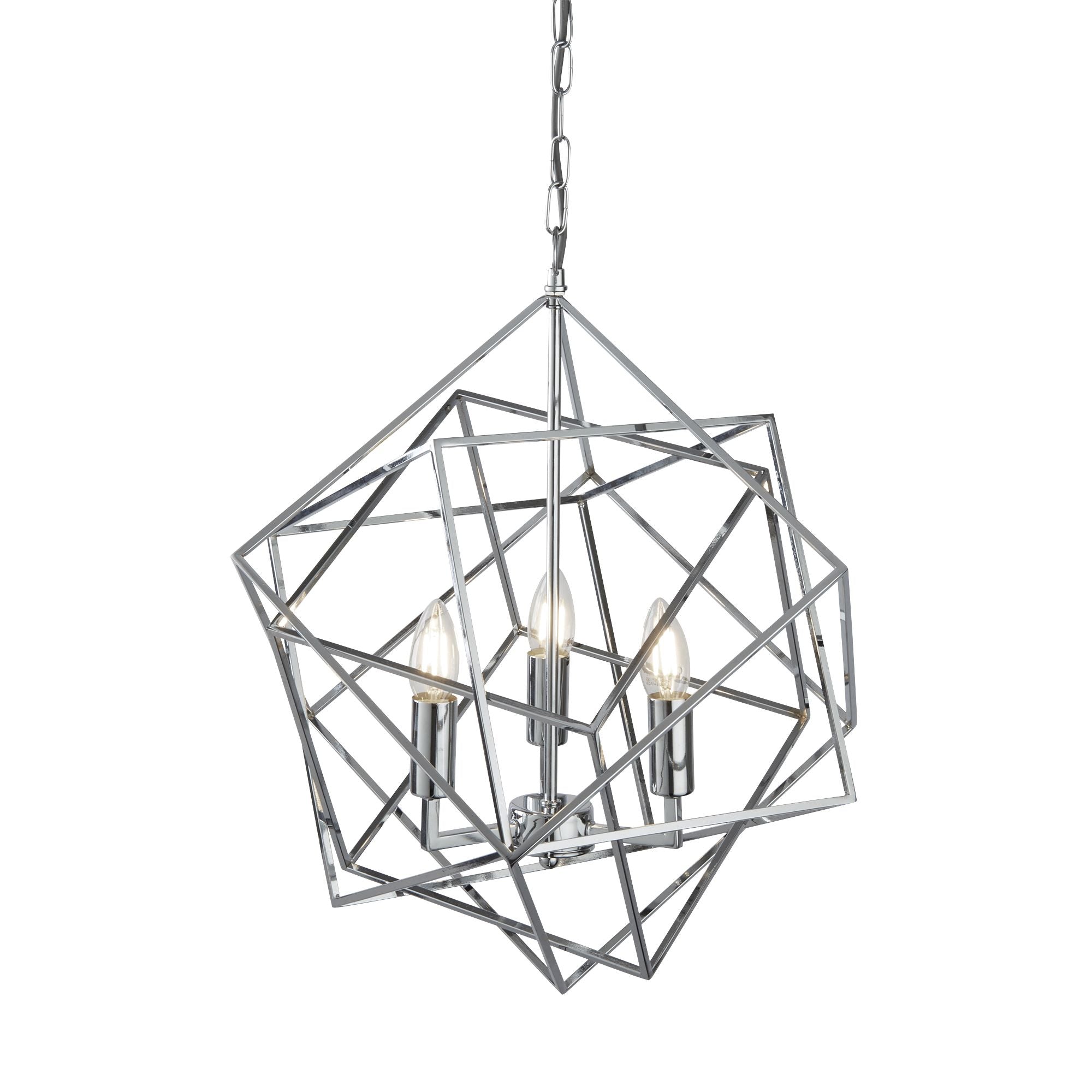 Searchlight Cube 3 light pendant in polished chrome, overlapping geometric cube frames with three lit candle bulbs