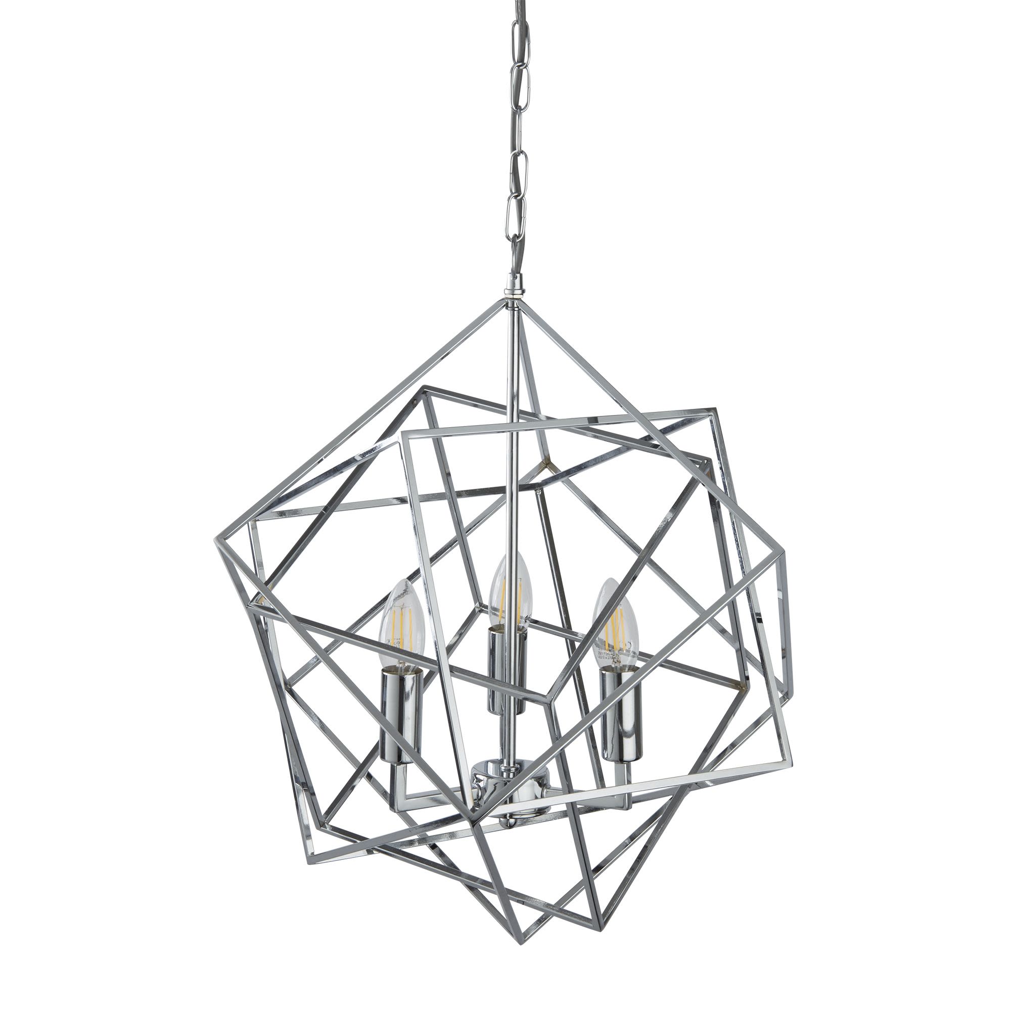 Cube 3 light pendant in polished chrome, alternate angle showing the geometric frame and candle bulbs