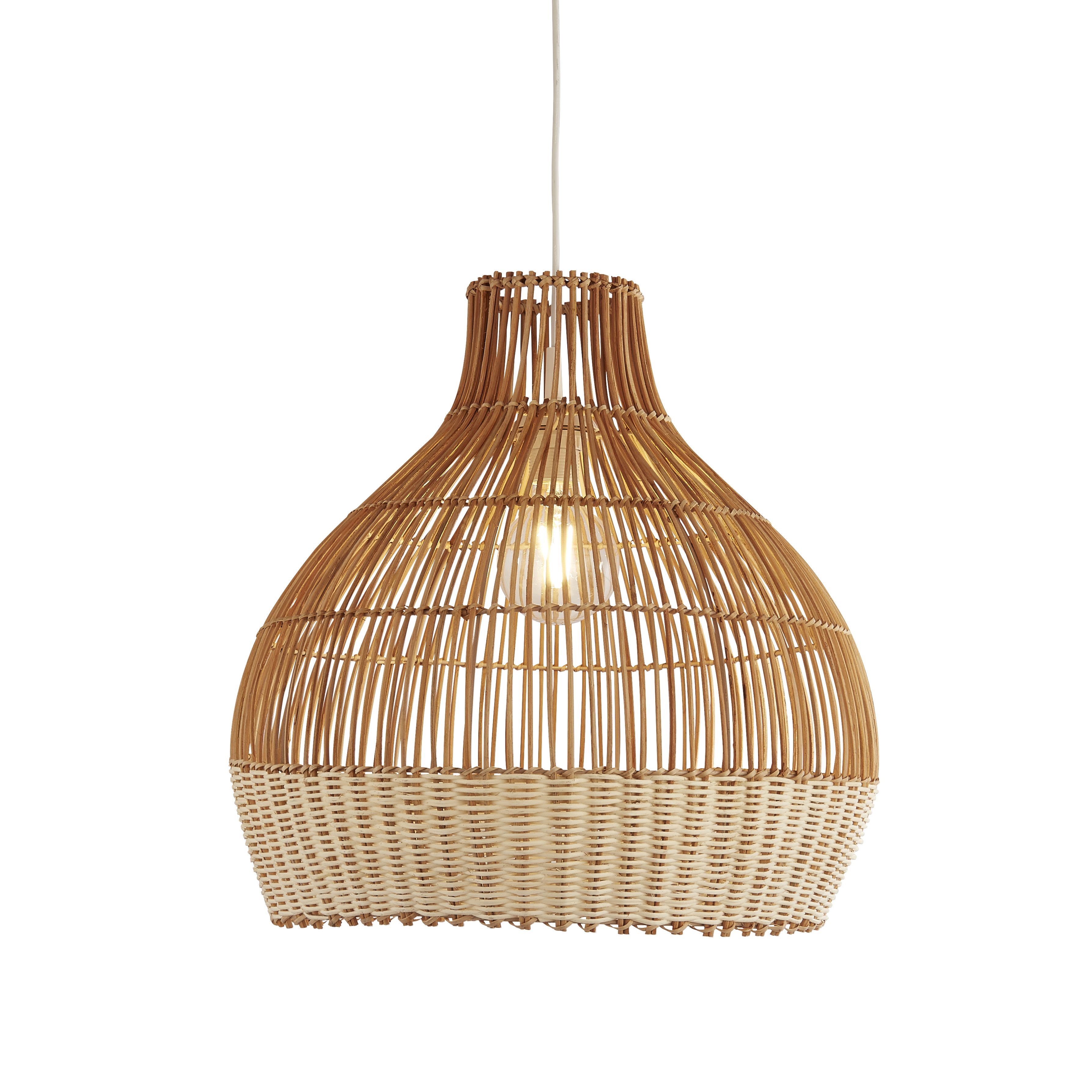 Searchlight Bali rattan pendant light, full length studio shot showing the open cane weave shade with a lit bulb visible inside, on a white background
