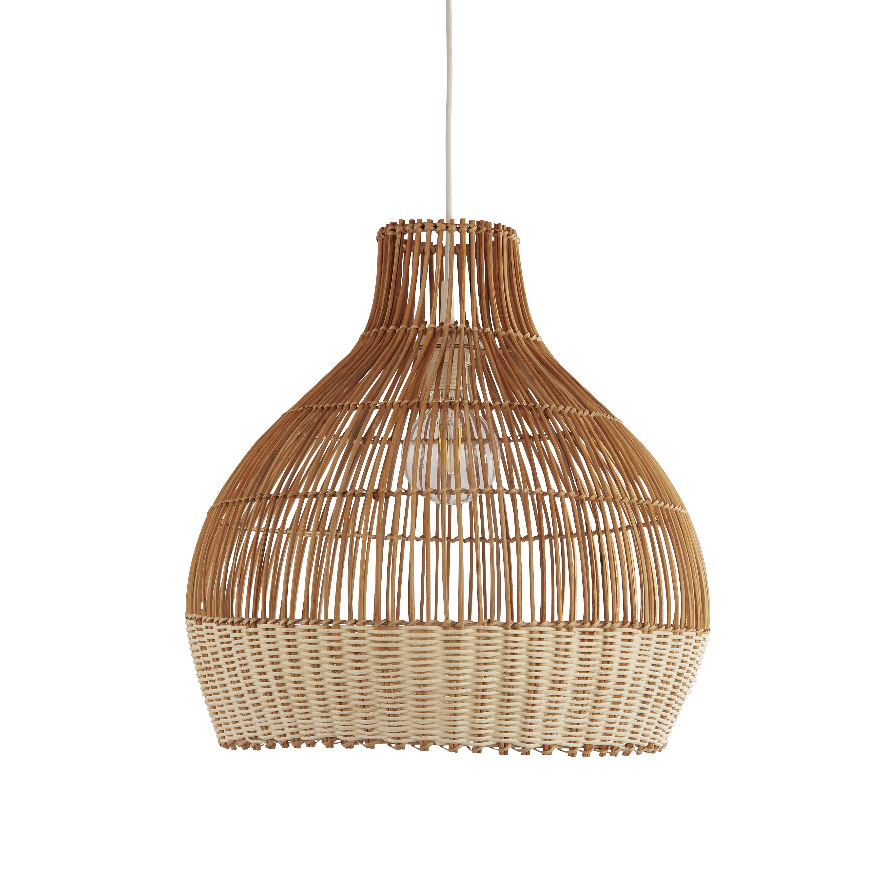 Searchlight Bali rattan pendant light, full length studio shot from a slightly different angle, showing the open weave top and tighter woven base band