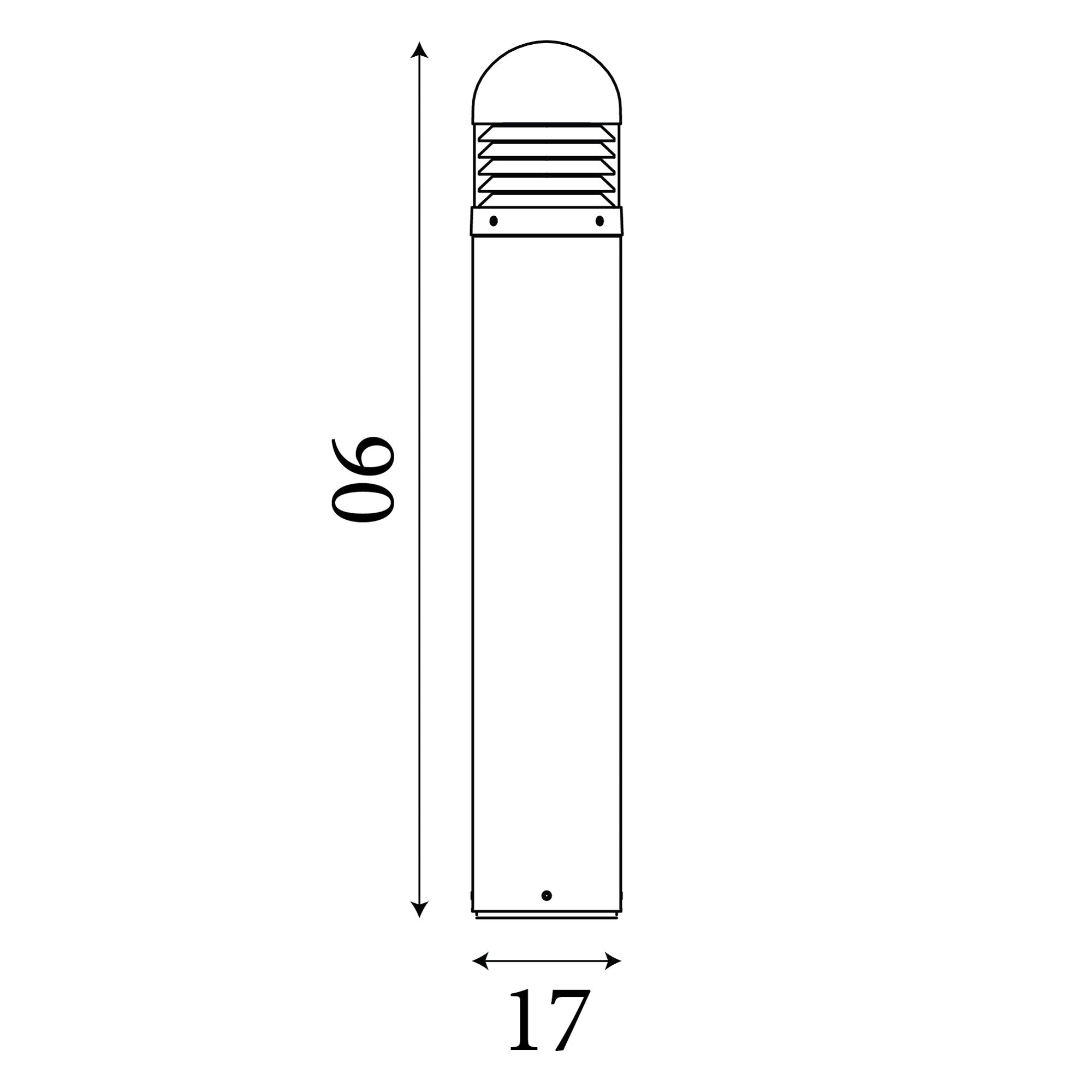 Technical line drawing of the Bronx outdoor post light showing overall height of 90cm and width of 17cm