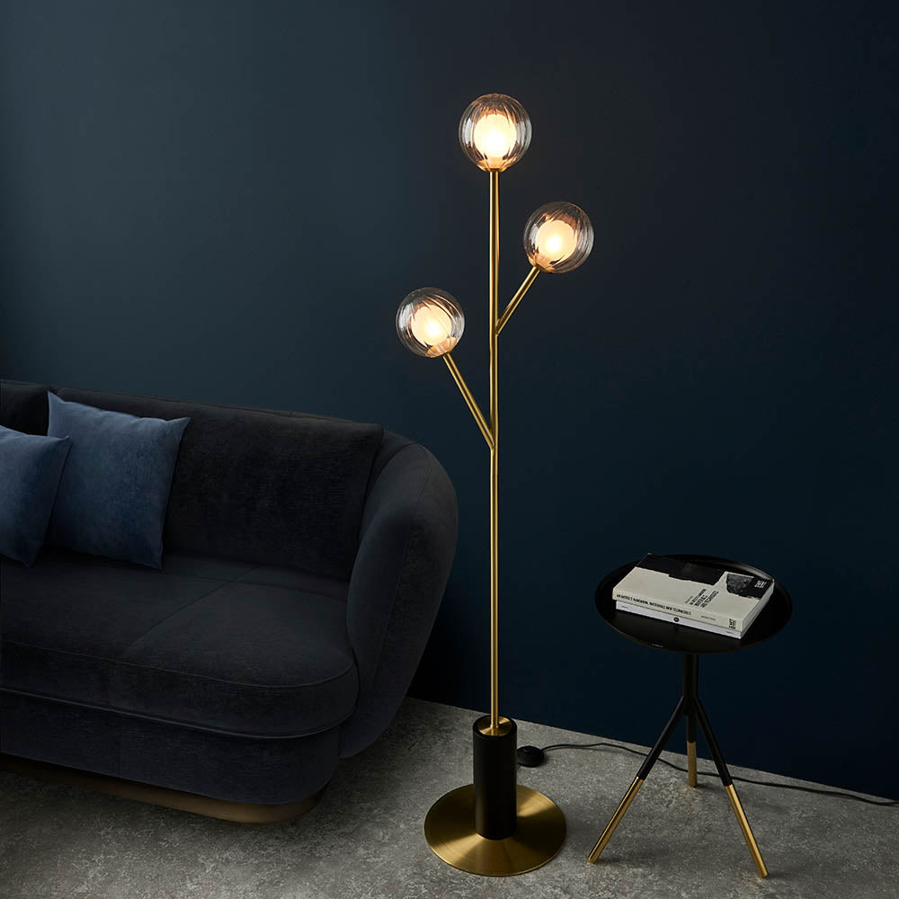 Utopia Matrix Round 3 Light Floor Lamp - Satin Brass & Glass