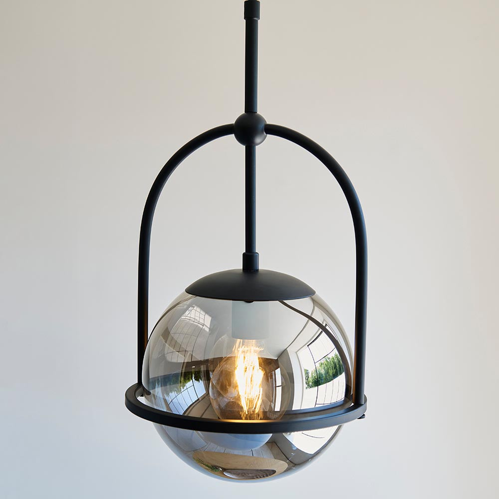 Utopia Sphere Single Pendant - Matt Black & Smoked Mirror Glass