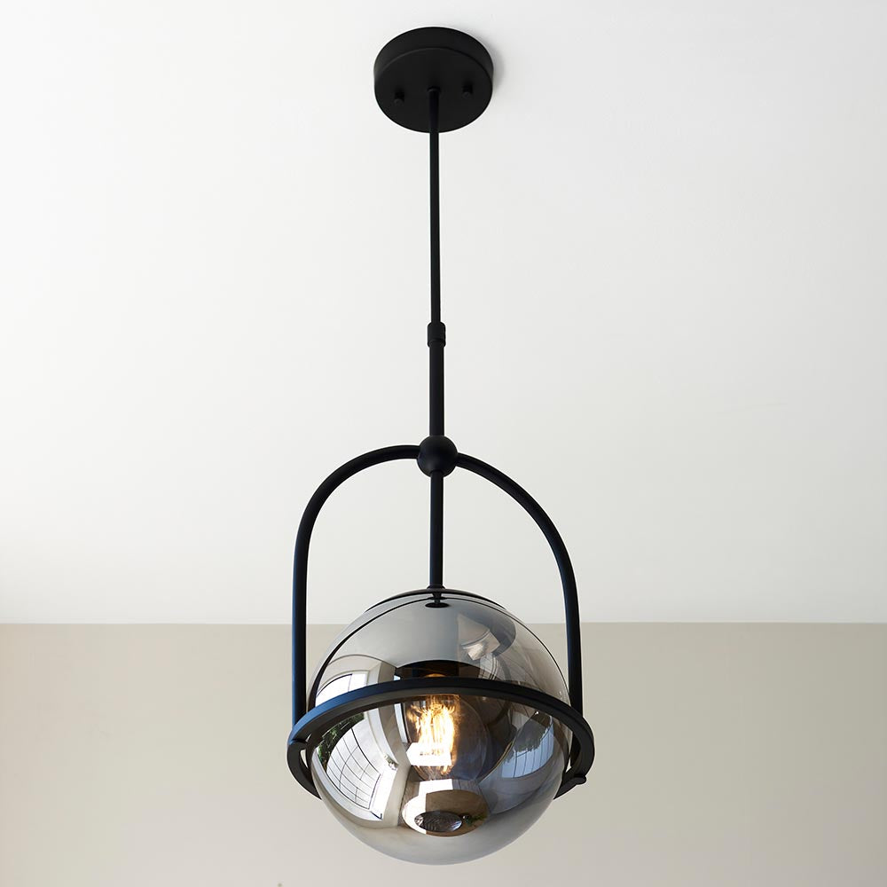 Utopia Sphere Single Pendant - Matt Black & Smoked Mirror Glass