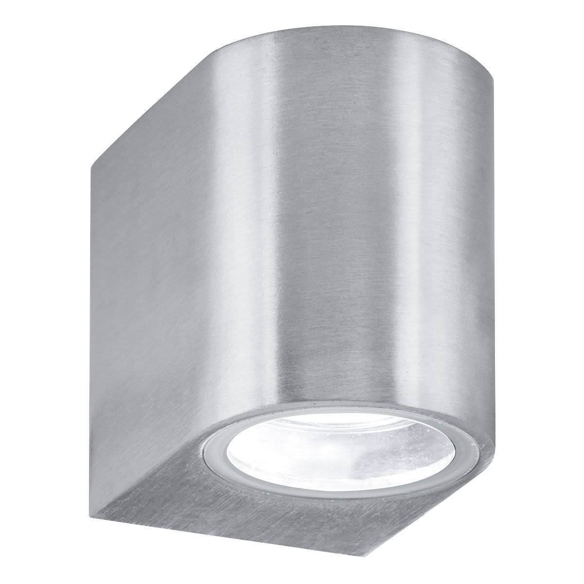 Searchlight Eiffel satin silver outdoor wall light, a brushed cylinder with an angled top and round lens