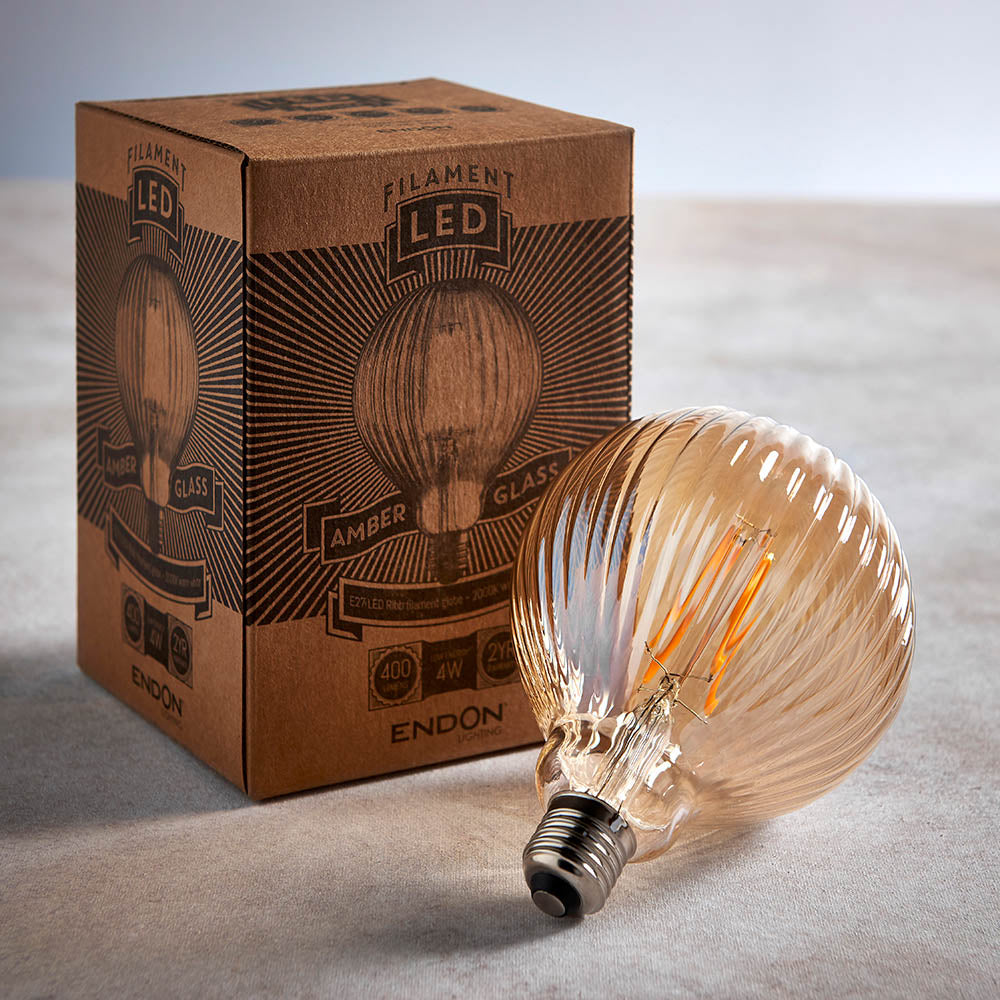 Endon Ribb Single E27 LED 4W Bulb - 2000K - Non-Dimmable - Amber Glass