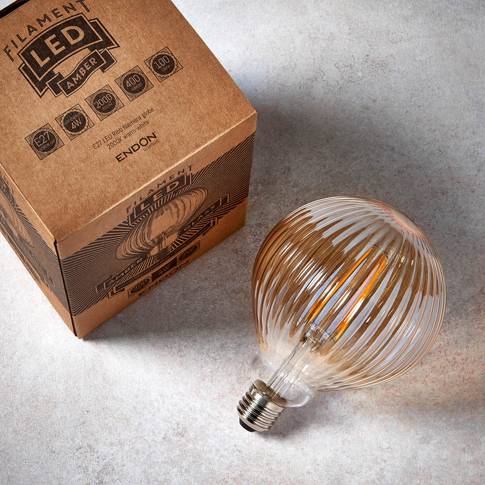 Endon Ribb Single E27 LED 4W Bulb - 2000K - Non-Dimmable - Amber Glass