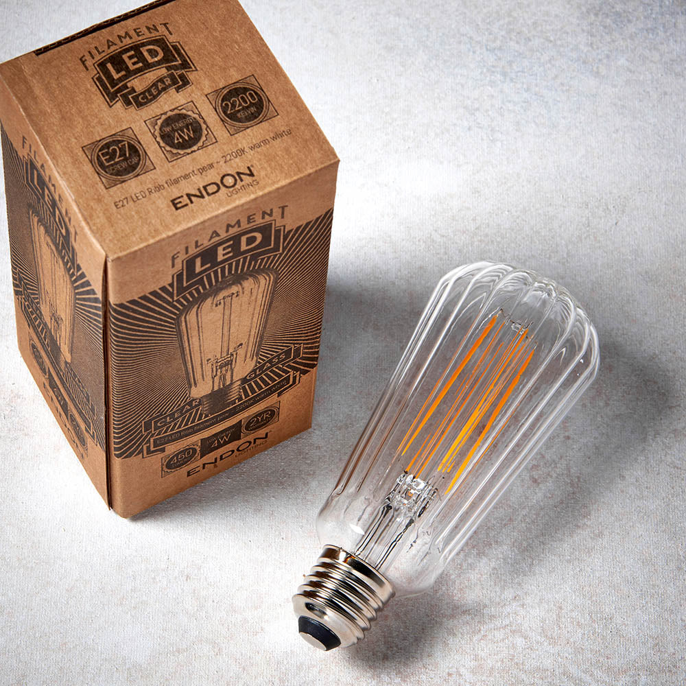 Endon Ribb Pear Single E27 LED 4W Bulb - 2200K - Non-Dimmable - Clear Glass