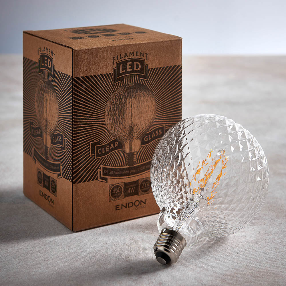 Endon Facet Single E27 LED 4W Bulb - 2200K - Non-Dimmable - Clear Glass