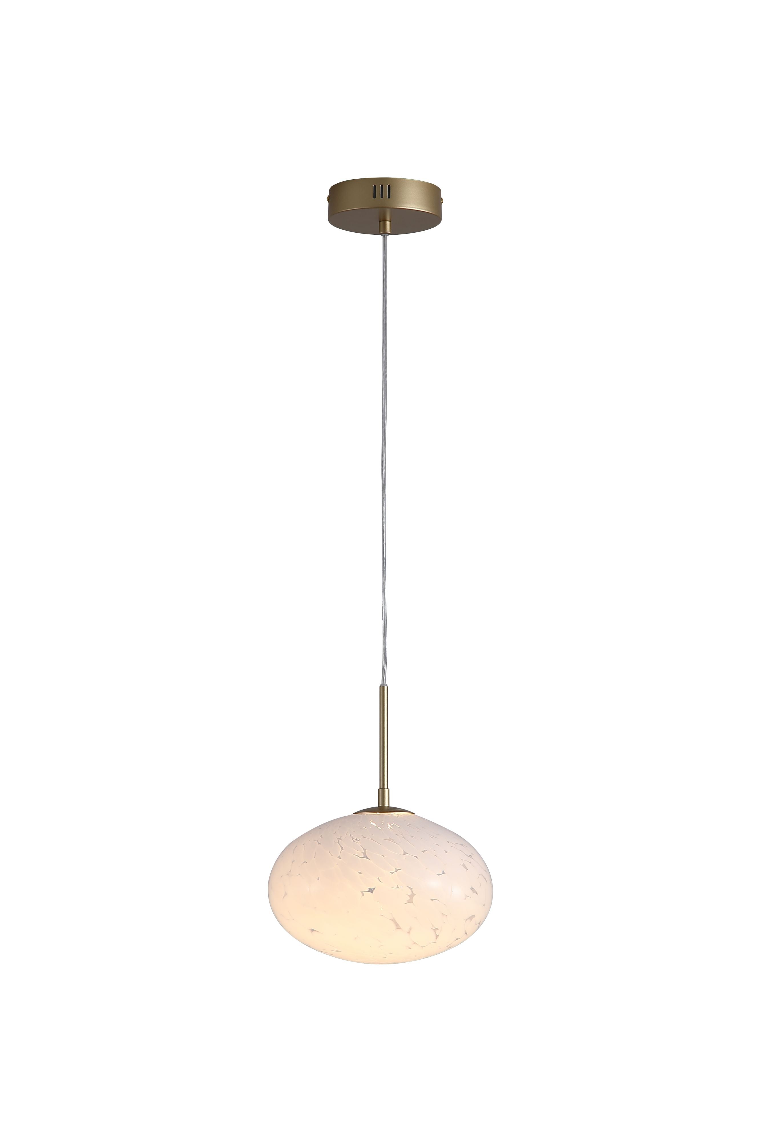 Searchlight Confetti LED Pendant in gold with confetti glass, full length studio shot on a white background