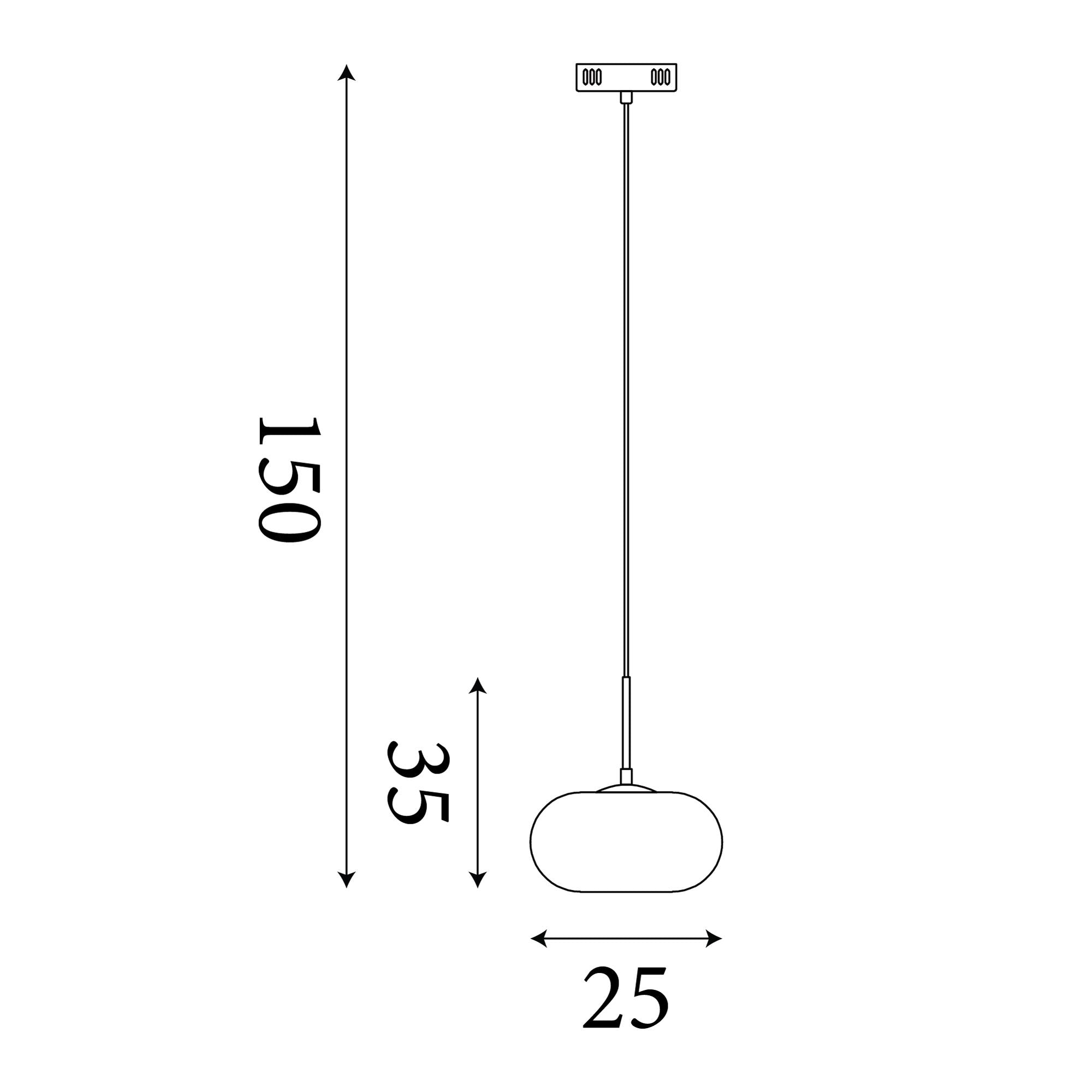 Dimension diagram of the Searchlight Confetti LED Pendant showing a 25cm wide shade, 35cm shade height and 150cm maximum drop