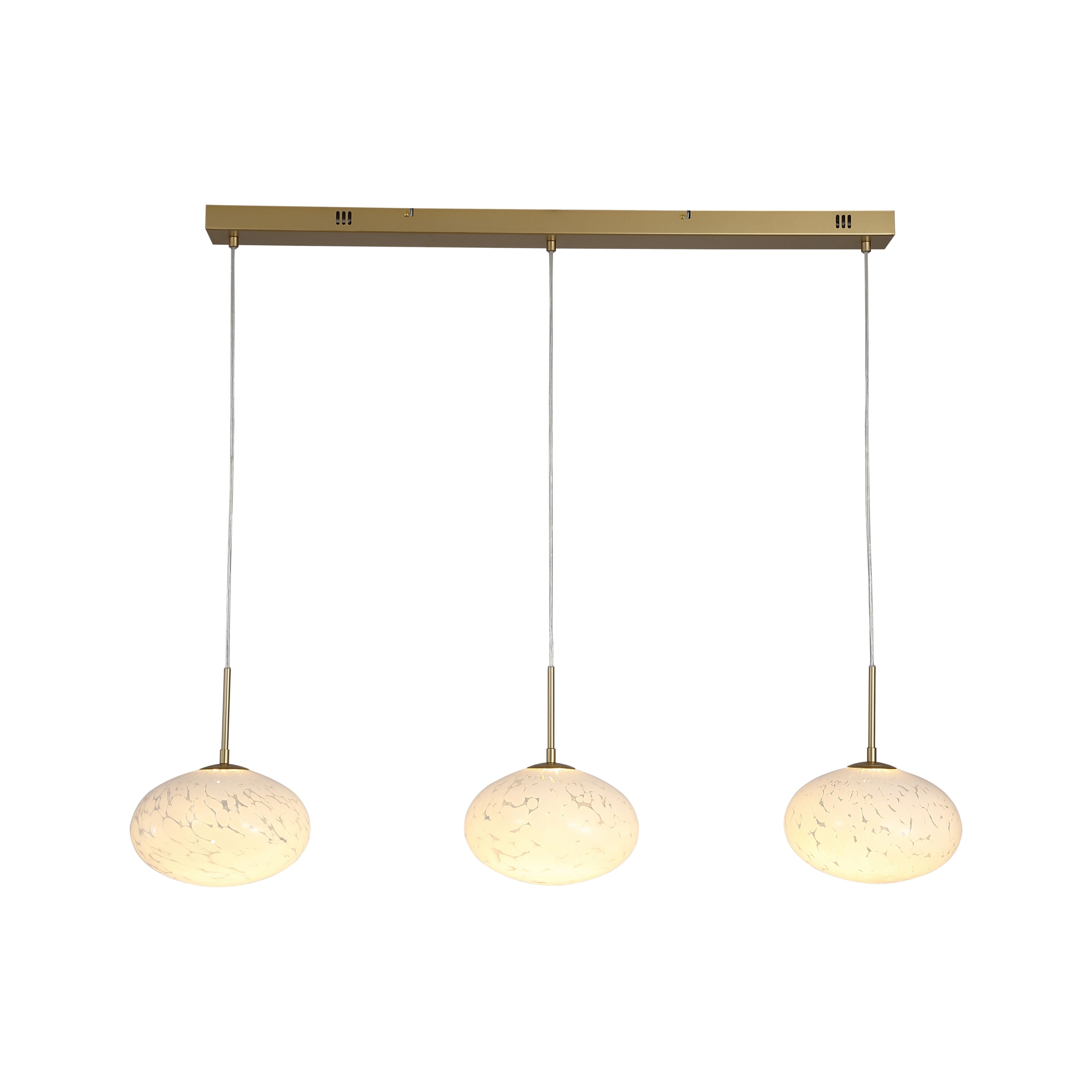 Searchlight Confetti LED Bar Pendant in gold with three confetti glass shades, full length studio shot on a white background