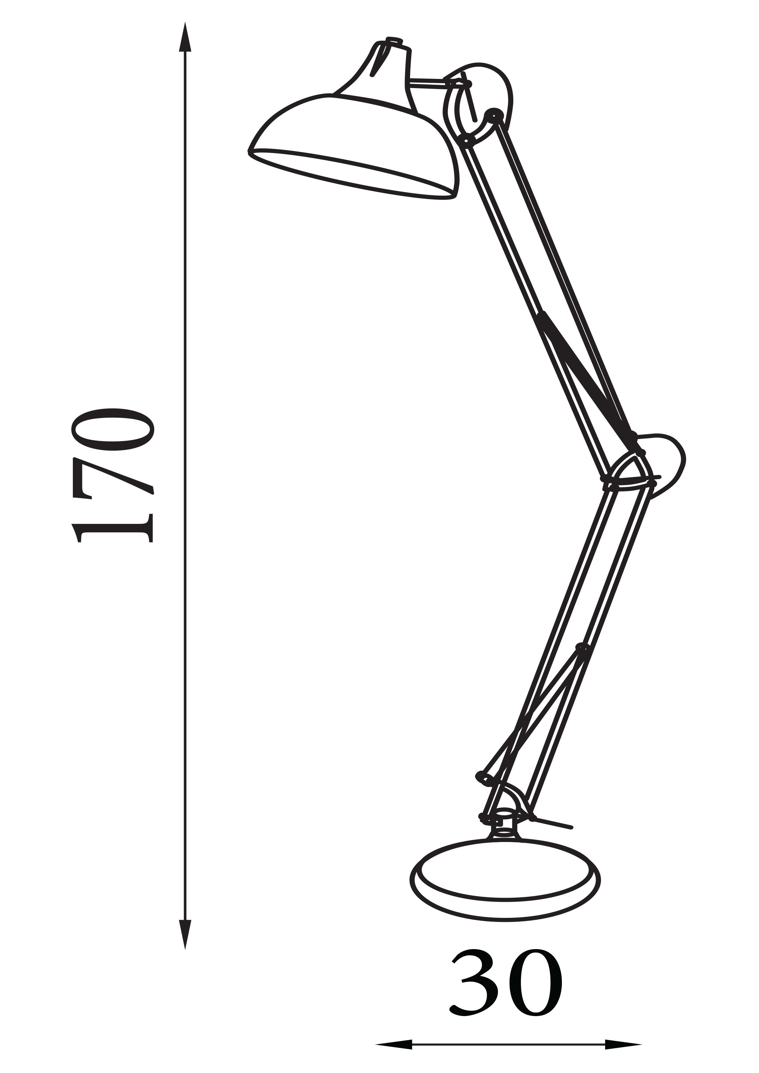 Technical line drawing of the Goliath Task Lamp showing a height of 170cm and a base width of 30cm