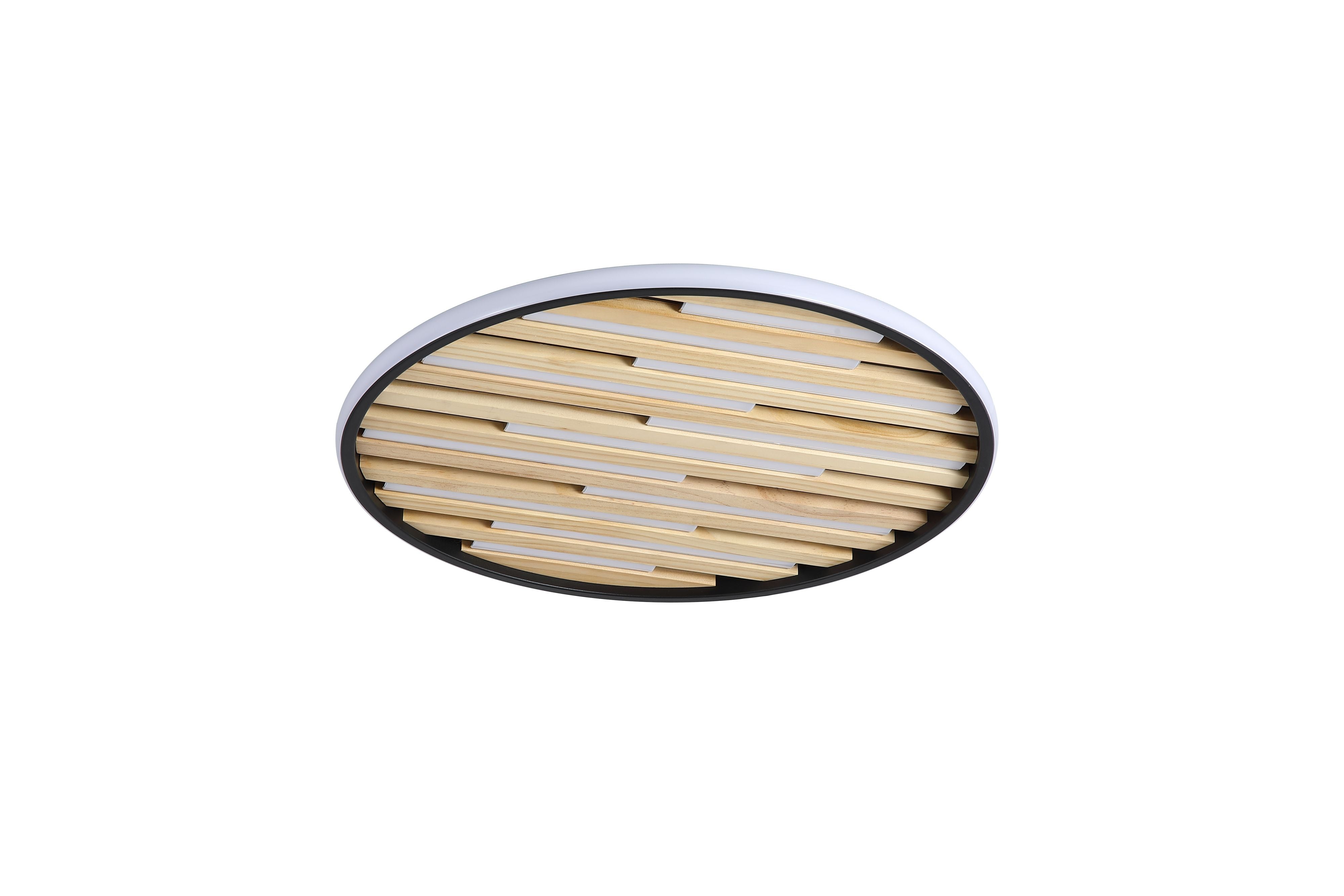 Searchlight Equalise LED flush ceiling light in matt black and wood effect finish, alternate angle showing the oval black frame and lit wood effect slats