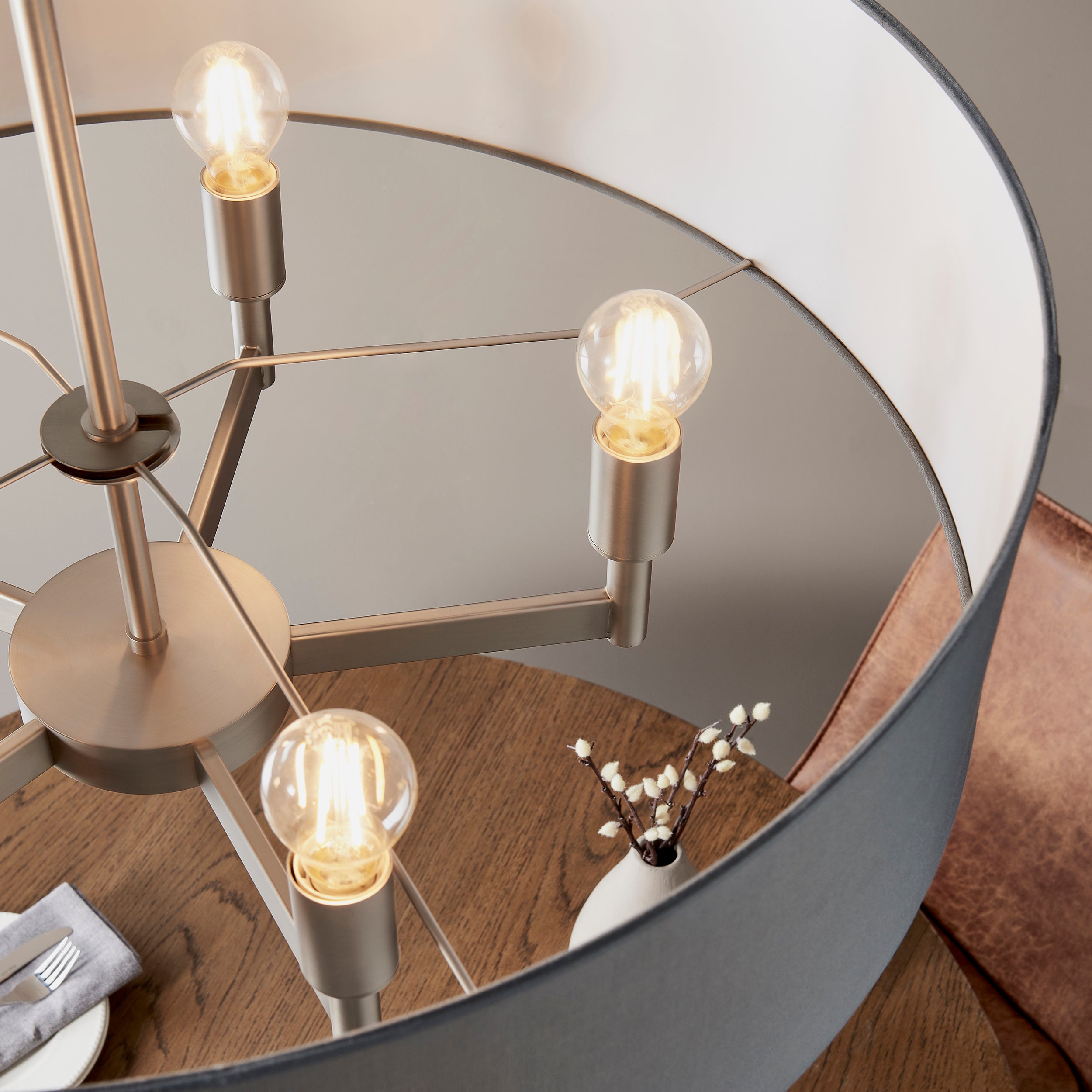 Endon Grande 5 Light Pendant Chandelier - Matt Nickel And Grey Shade - 80cm Diameter