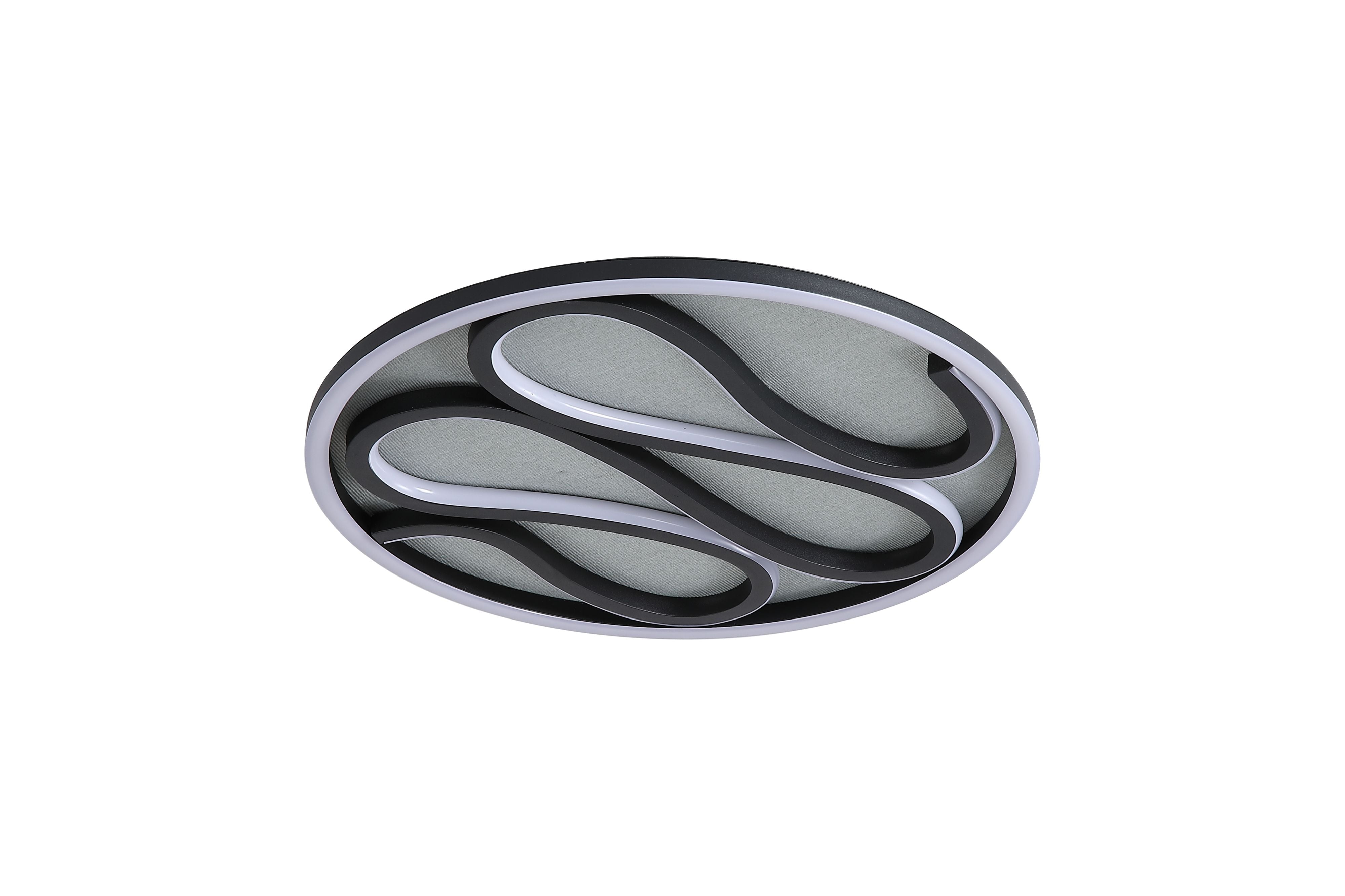 Searchlight Zendisc LED flush light in matt black, front angled view of the sweeping S shaped illuminated channels