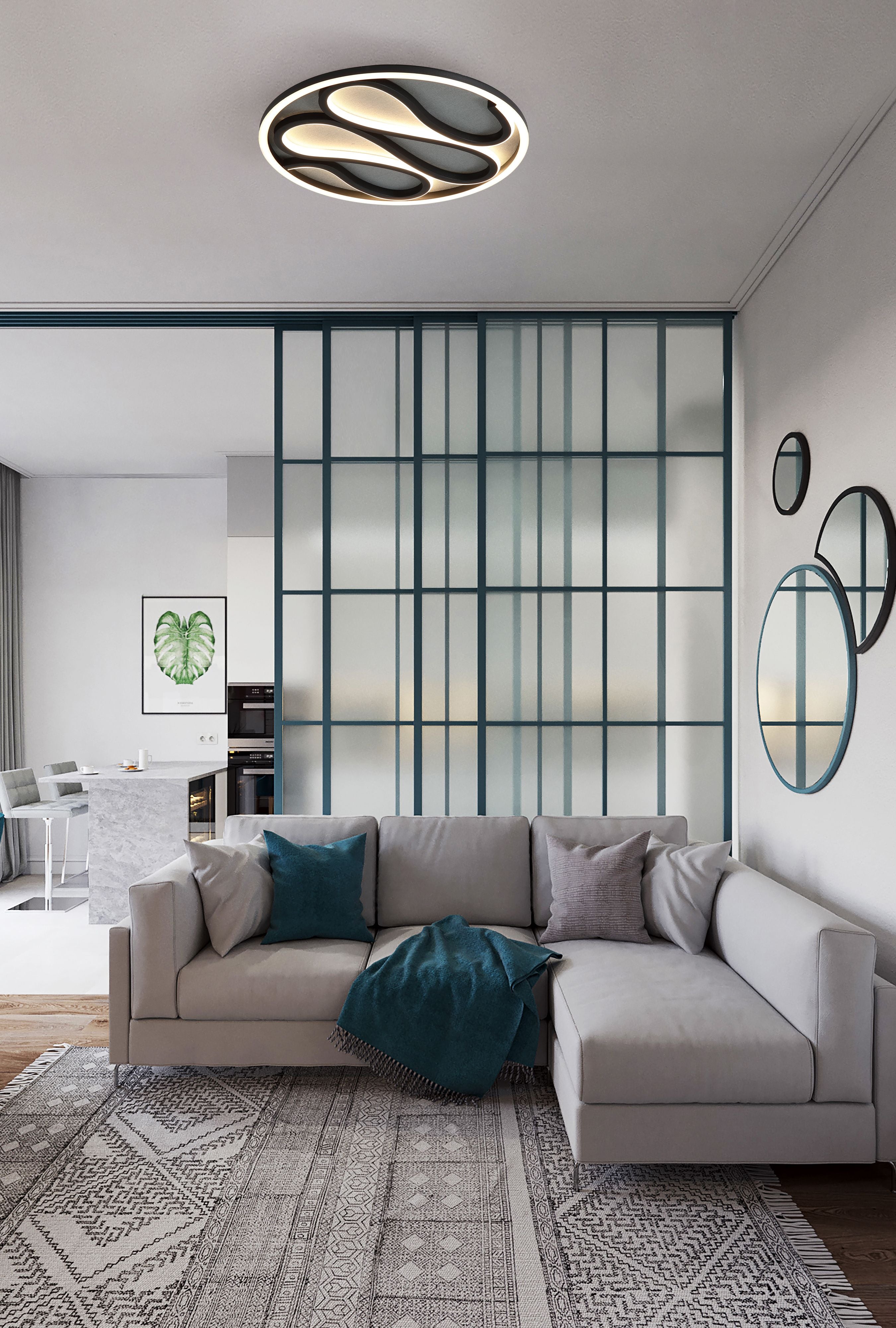 Zendisc LED flush light fitted above a grey corner sofa in a styled living room with a glass room divider