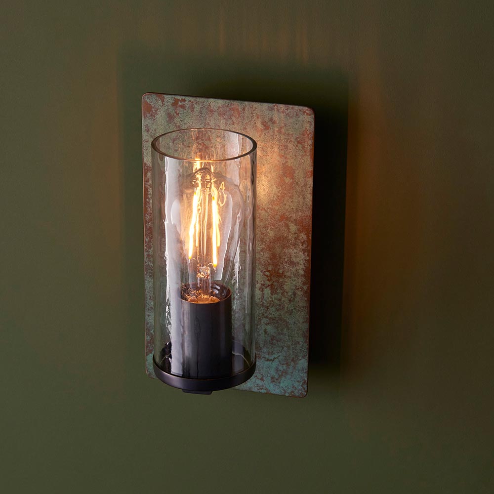 Utopia Swirl Single Wall Light - Verdigris Bronze Plate & Clear Glass