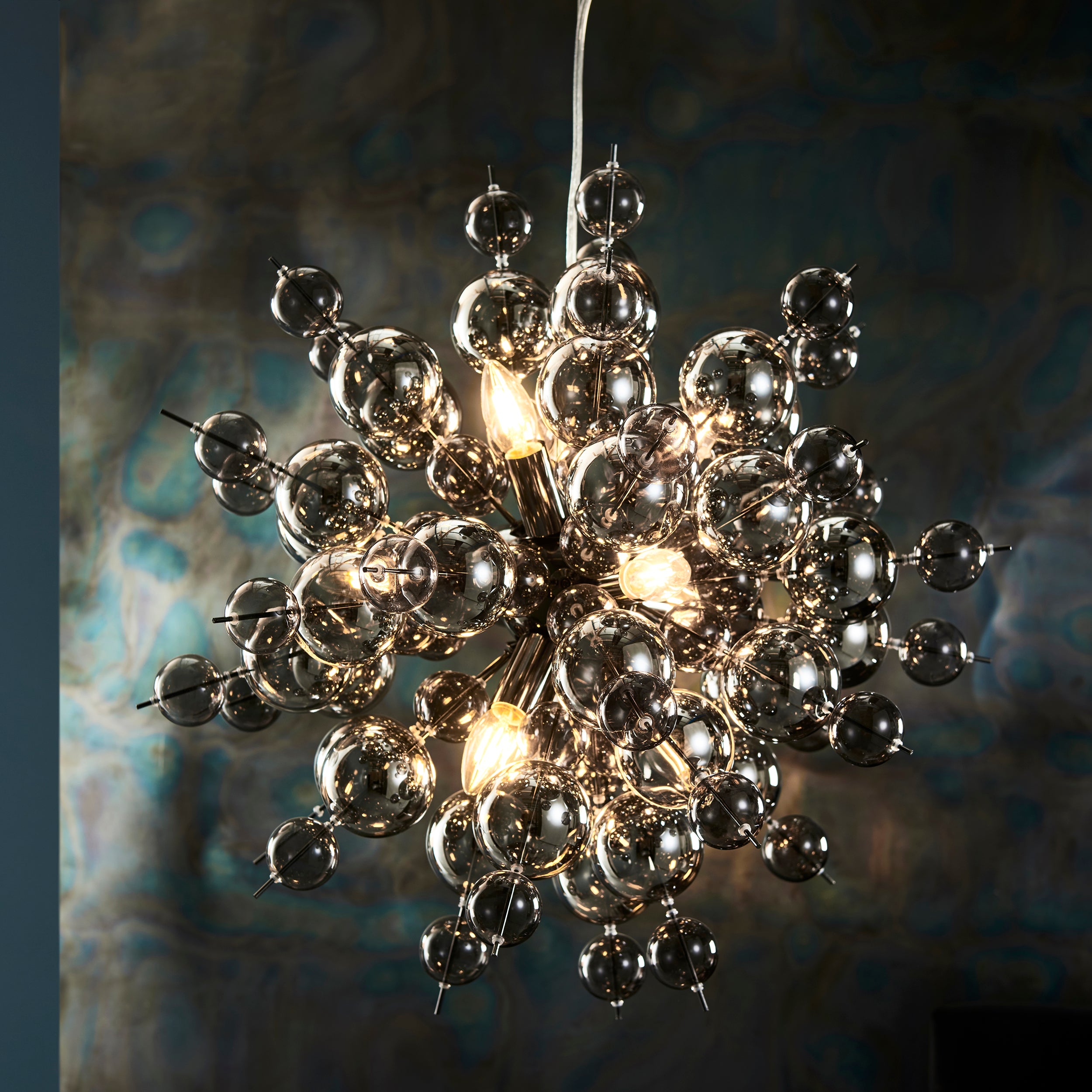 Endon Bubble 9 Light Pendant Chandelier - Black Chrome With Smoked Mirror And Tinted Glass - 63cm Diameter