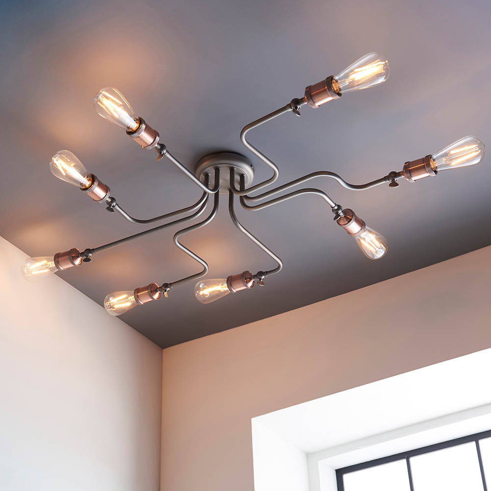 Endon Hal 8 Light Semi Flush Fitting - Aged Copper & Aged Pewter Plate